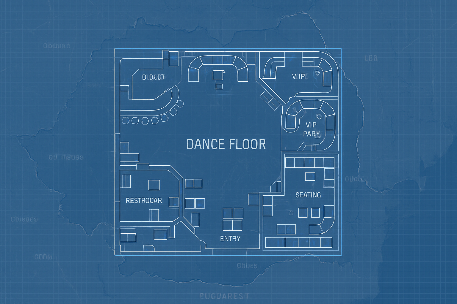 a blueprint of a nightclub layout over a map of Romania