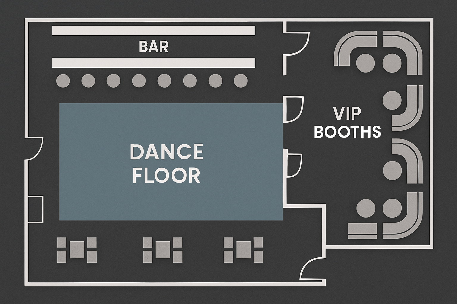 nightclub floor plan zoning: bar, dance floor, VIP booths
