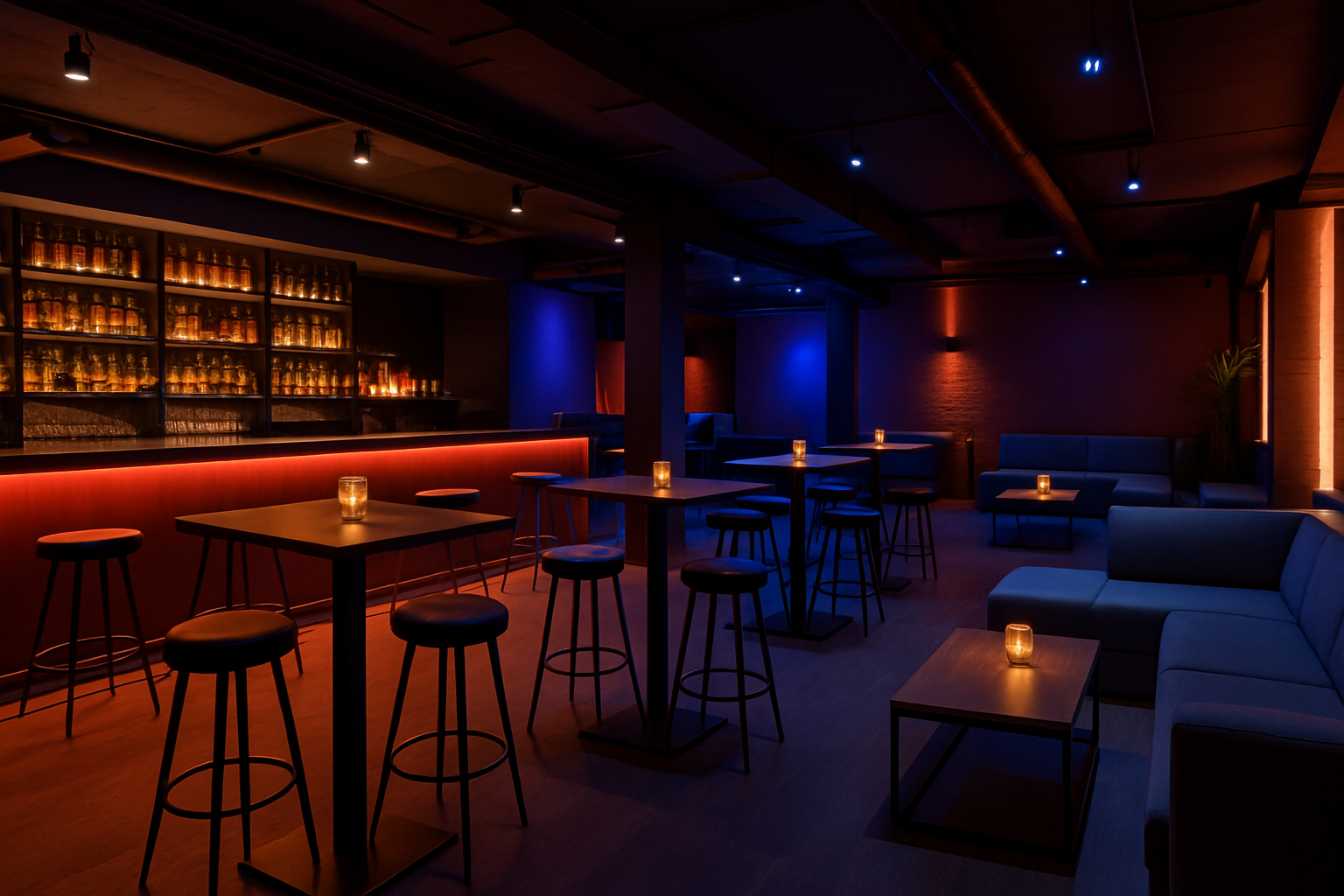 nightclub furniture layout with bar counters, lounge sofas, and high tables