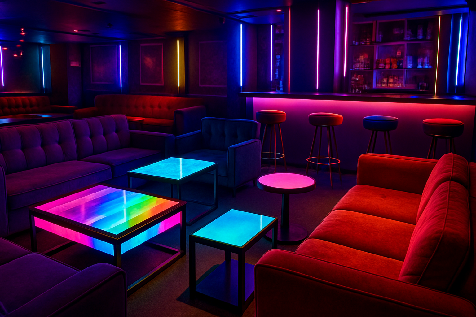 a collection of nightclub and KTV furniture including sofas, bar stools, and LED tables
