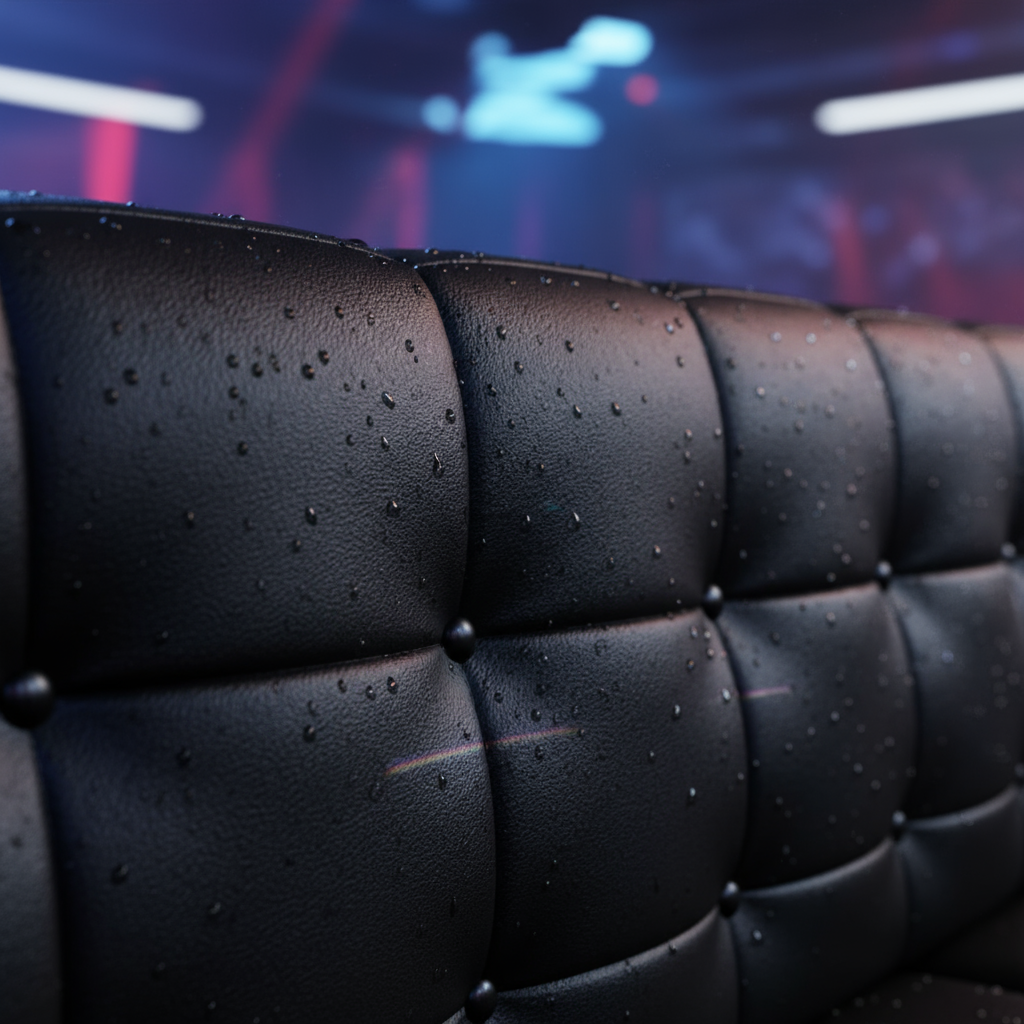 a close-up shot of durable, waterproof black PU leather upholstery on a nightclub sofa