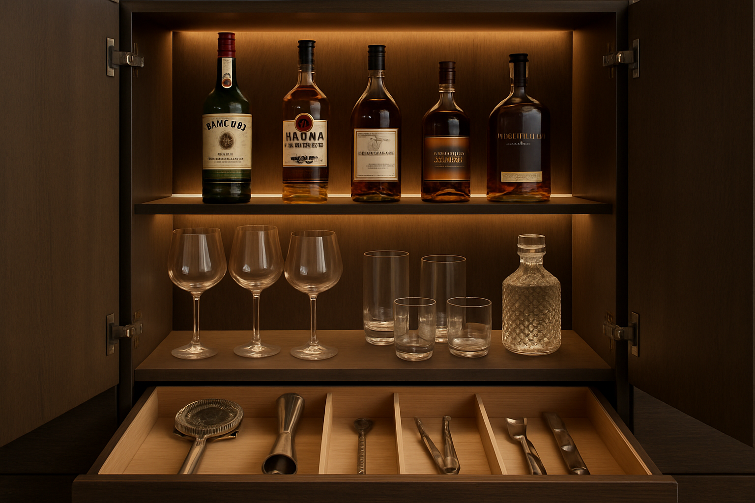 an open bar cabinet showing neatly arranged bottles, glassware on shelves, and tools in a drawer