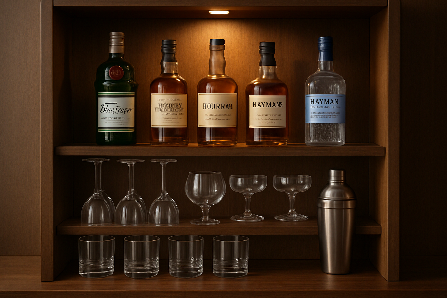 a beautifully organized bar cabinet with essential spirits, glassware, and a cocktail shaker