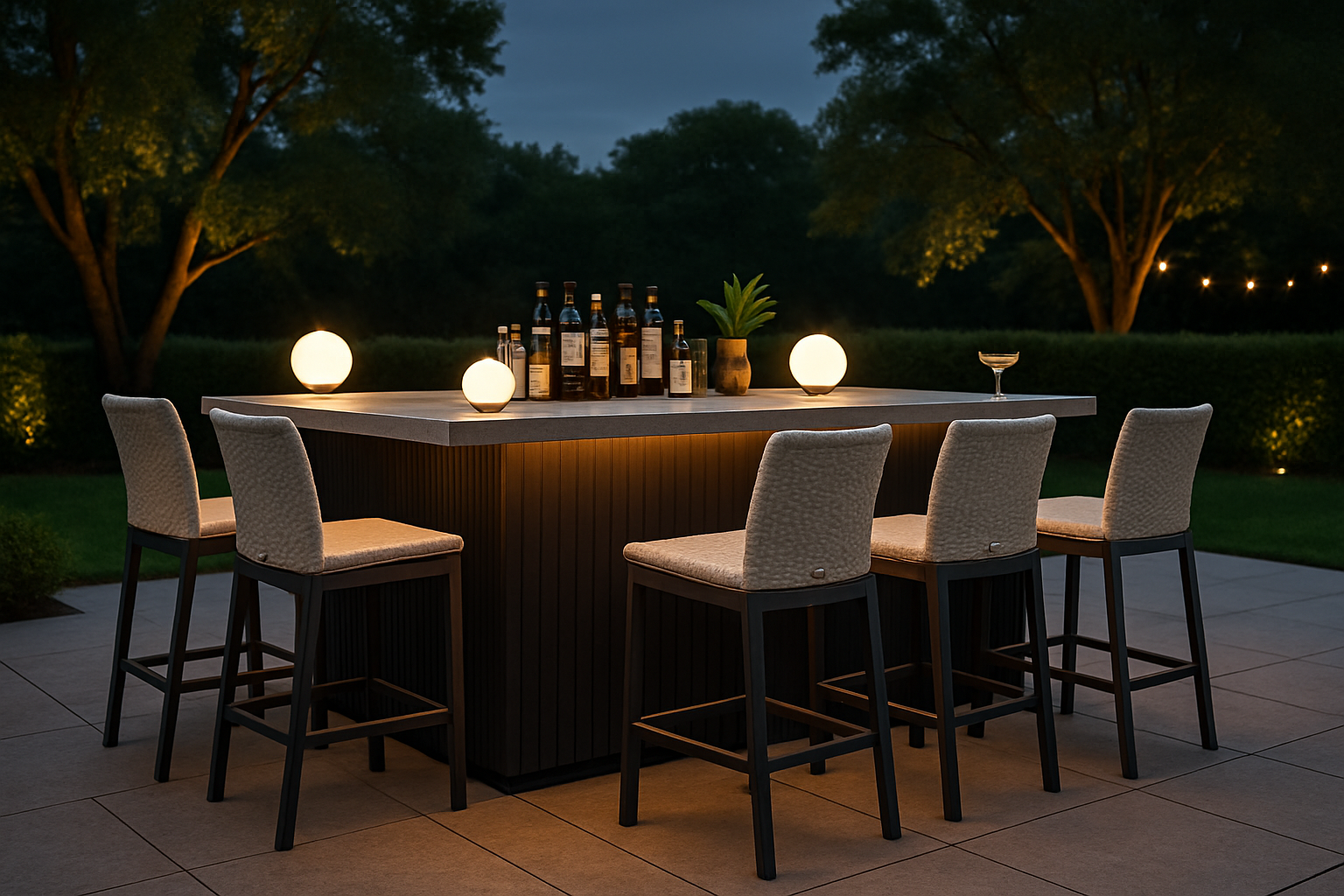 an elegant outdoor bar setup with waterproof chairs and a sturdy, all-weather counter