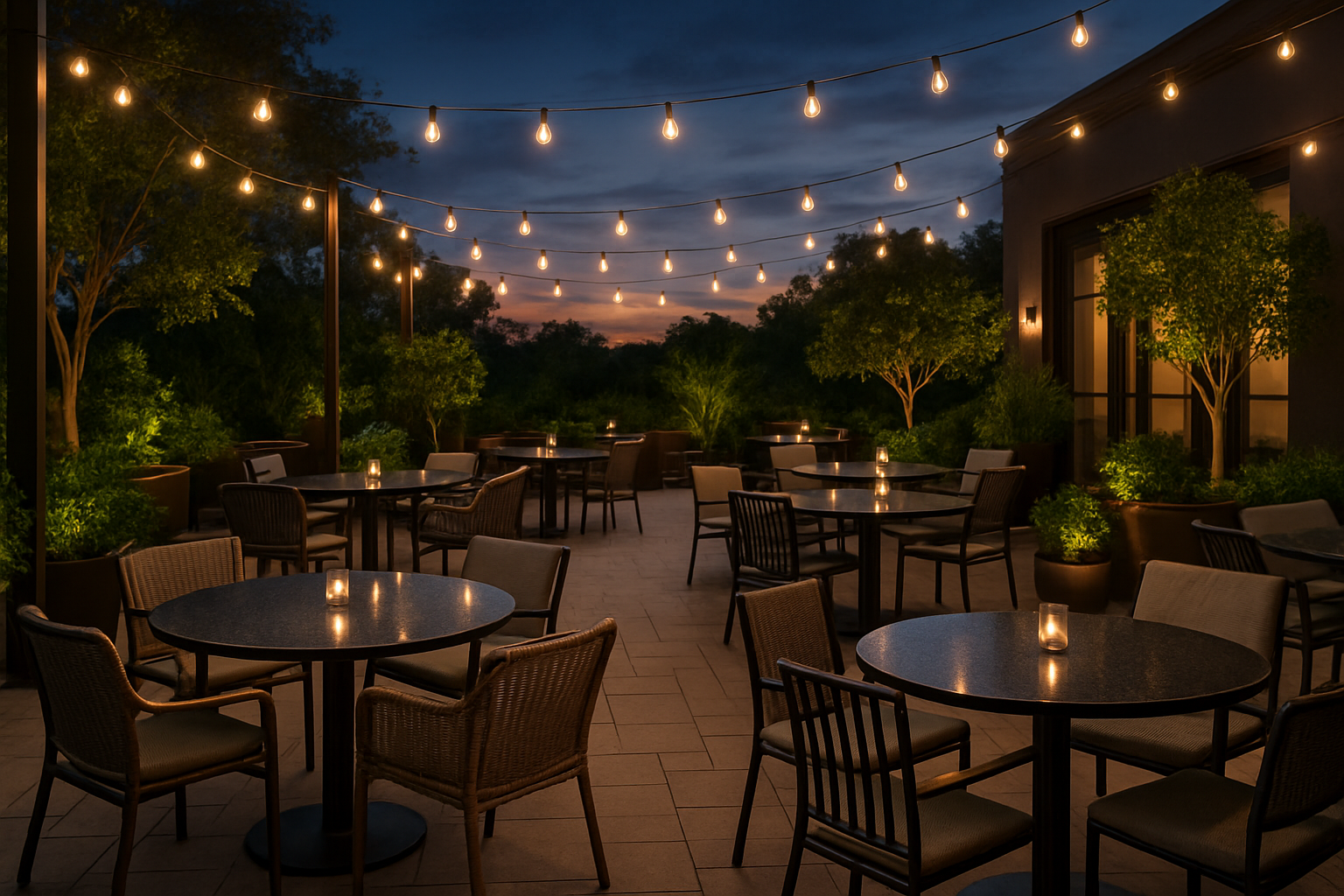 outdoor restaurant patio with granite-top tables and metal bases