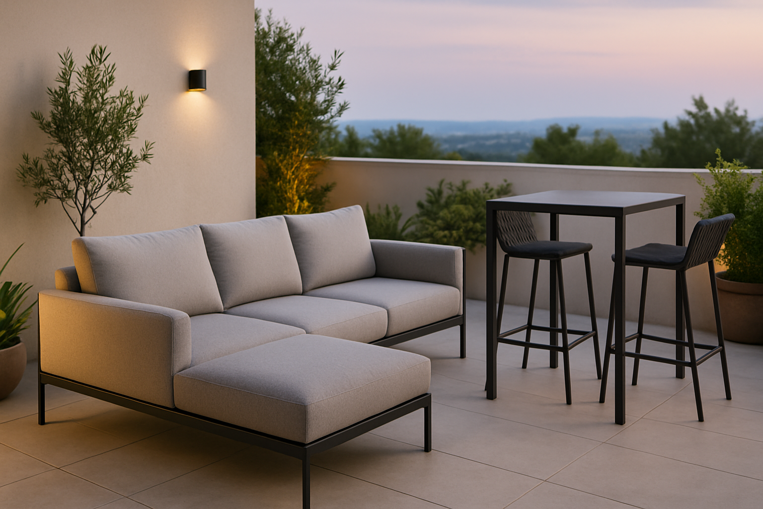 a sleek, modern outdoor sofa with a matching bar set on a chic terrace