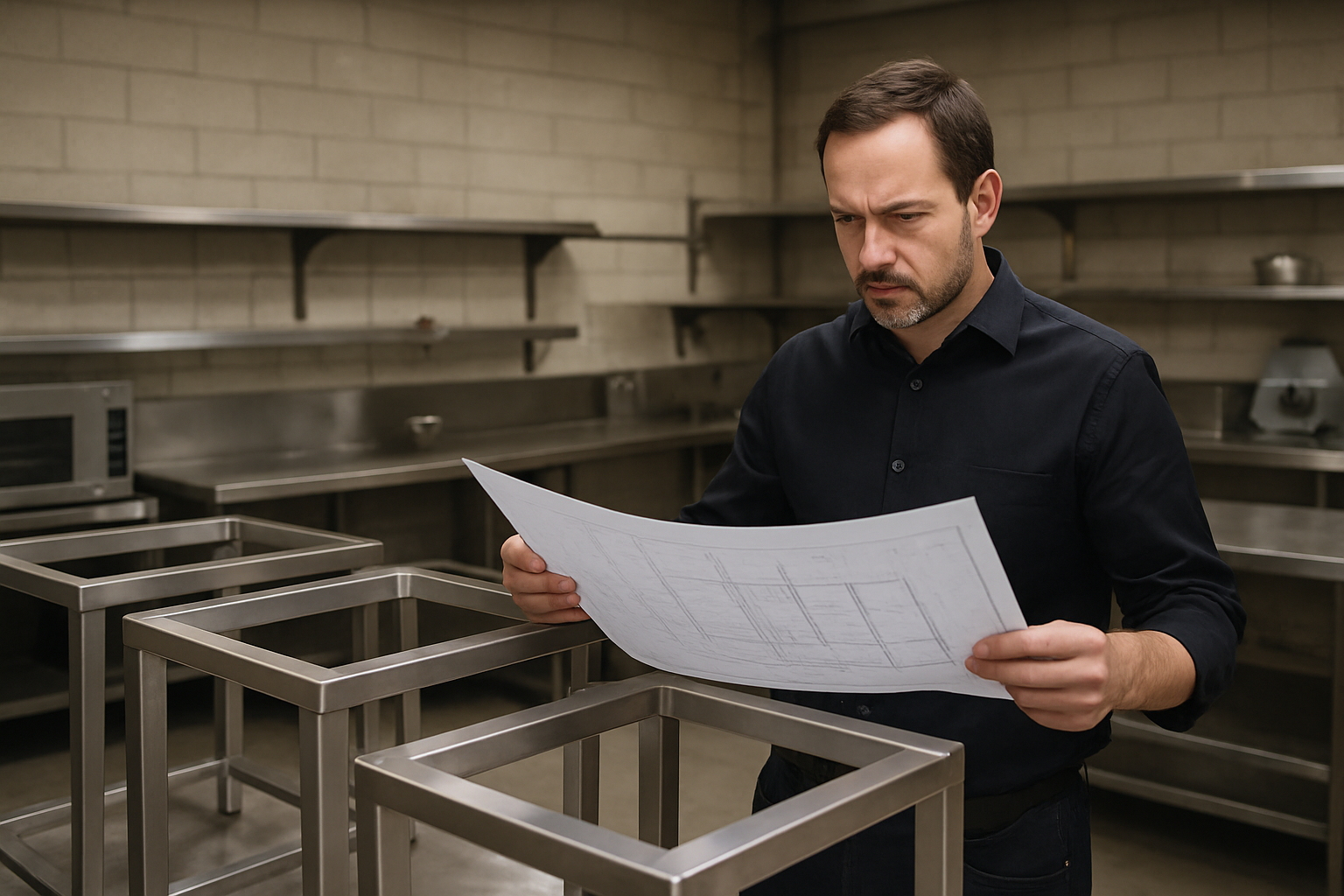 an owner looking at blueprints next to durable stainless steel table frames