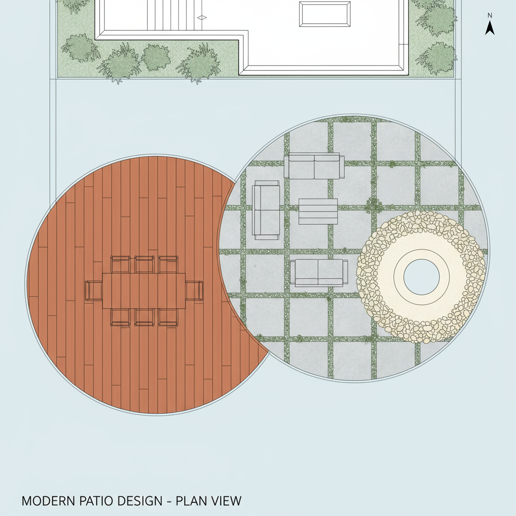 patio plan with mixed materials by zone
