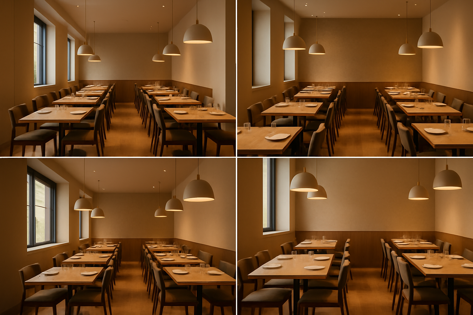photo series of dining room with ordered seating and warm light