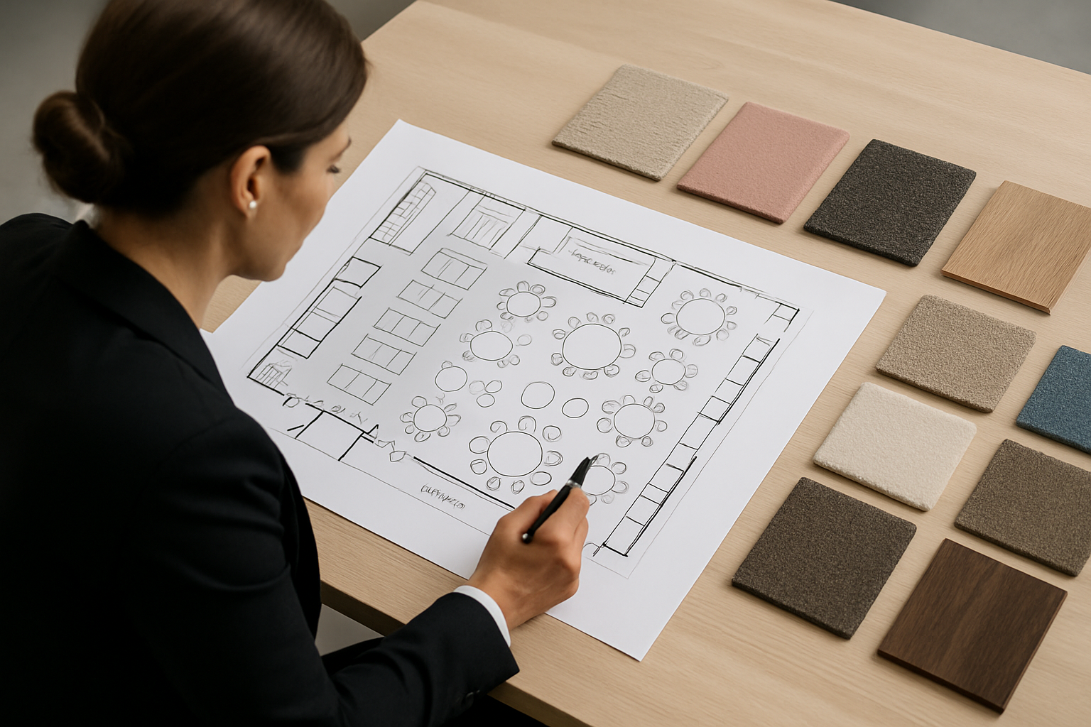 planner reviewing floor plan with material swatches
