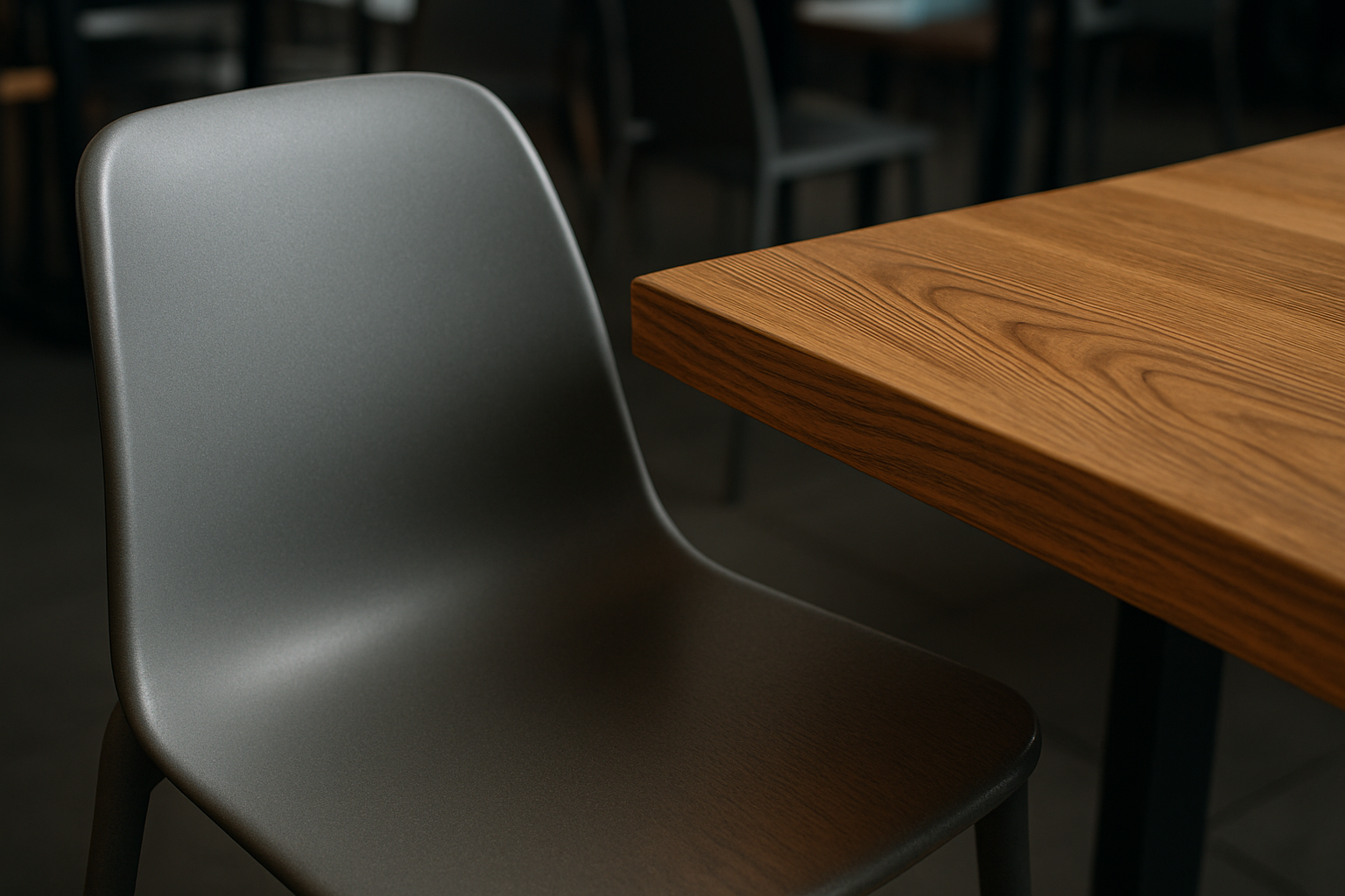 plastic chair and solid wood table side by side