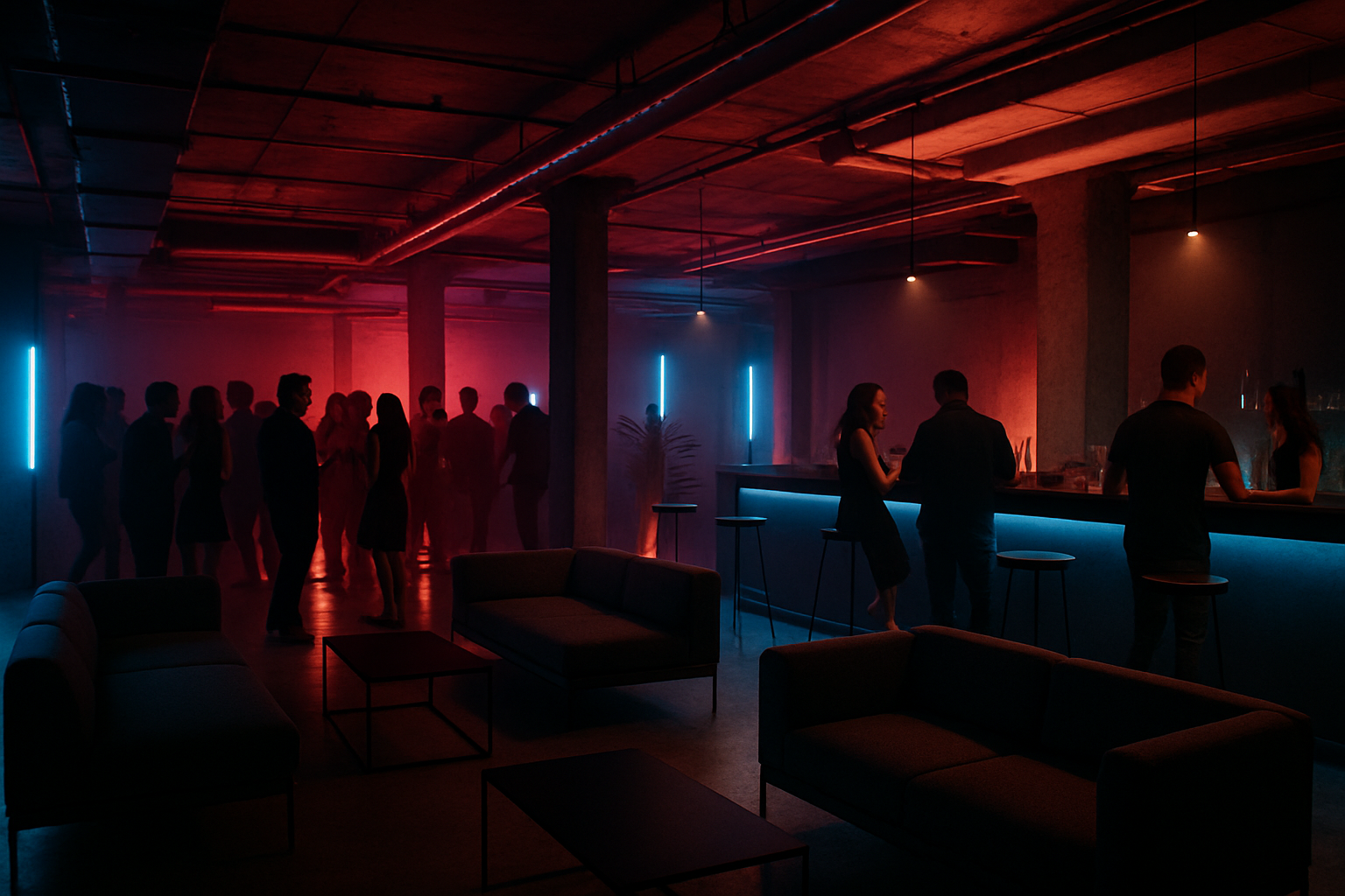 a pop-up nightclub event in a rented space with minimal but stylish furniture