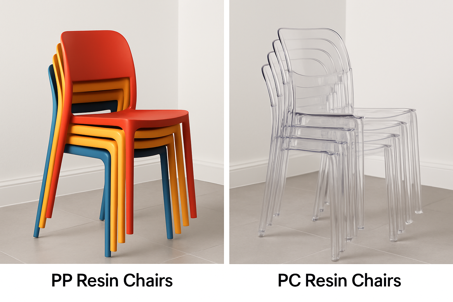 stacking PP and PC resin chairs