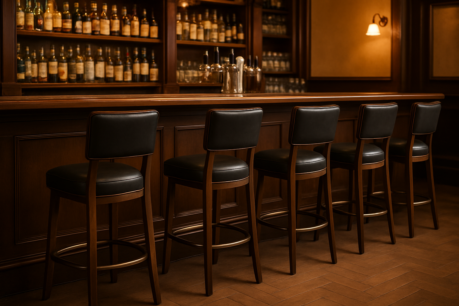 a row of stylish, sturdy commercial bar stools lined up at a polished pub counter