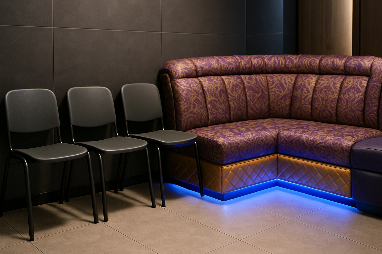 a row of generic rental chairs next to a custom-designed KTV sofa