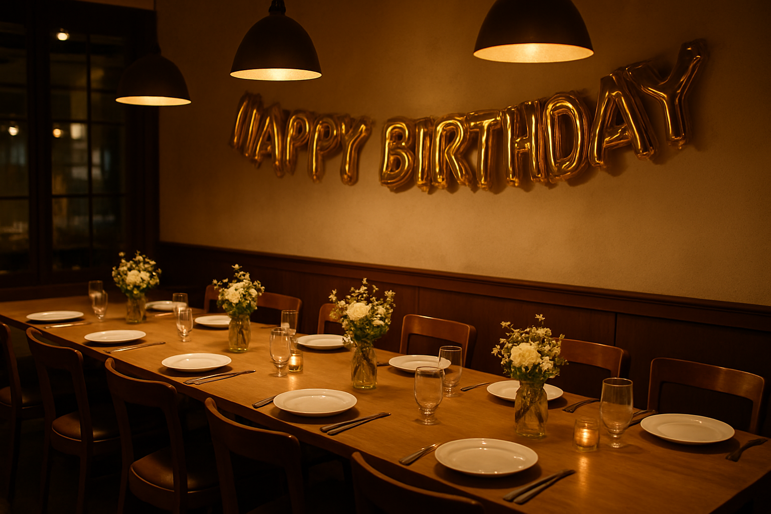 restaurant birthday setup with warm light and simple centerpieces