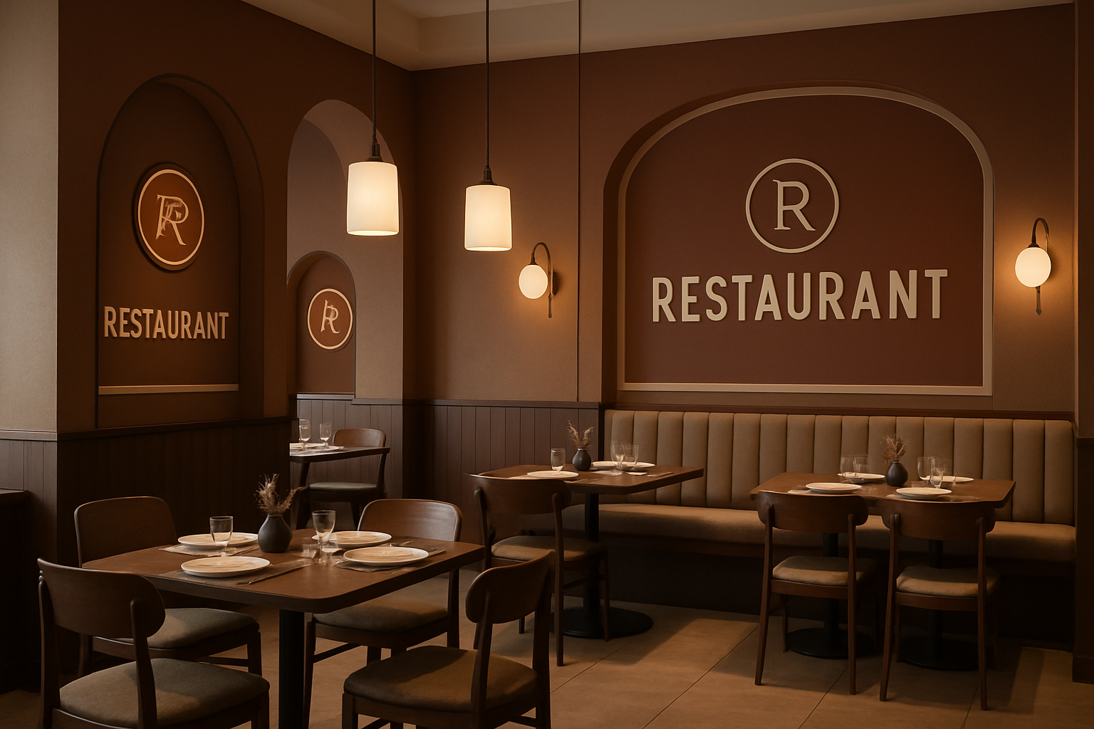 a restaurant interior where the decor, color palette, and signage all reflect a cohesive brand identity