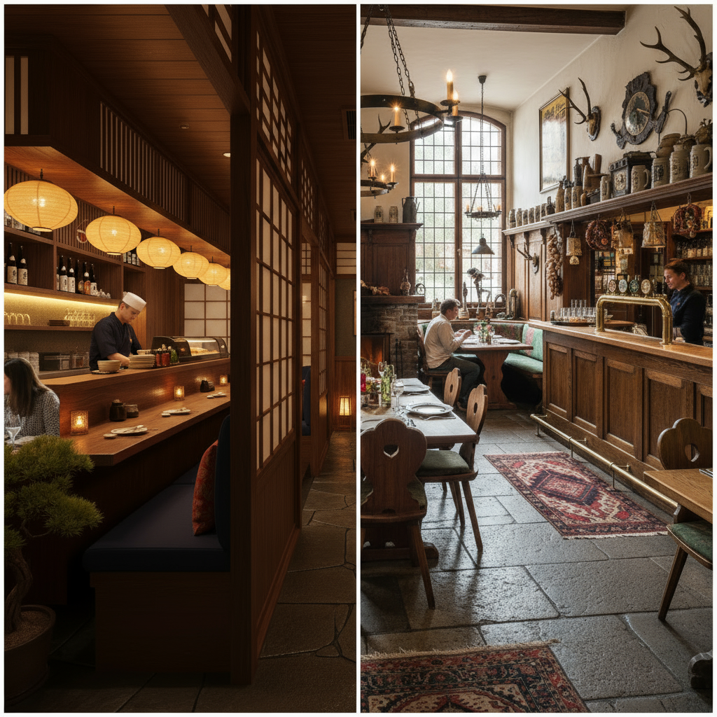 a collage of two different restaurant interiors, one Japanese and one German, both featuring booths