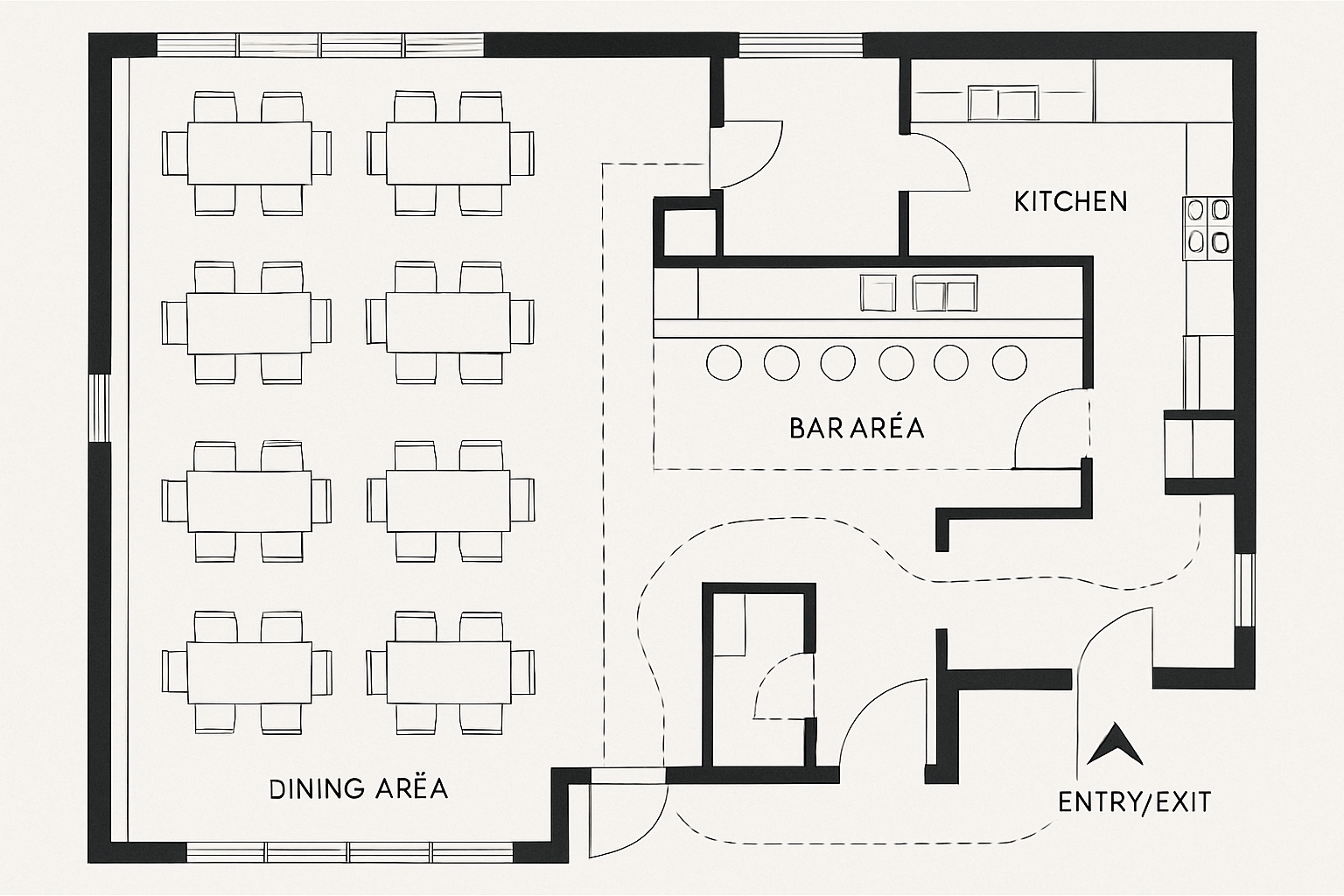 a restaurant floor plan showing clear circulation paths and distinct zones for dining, bar, and kitchen