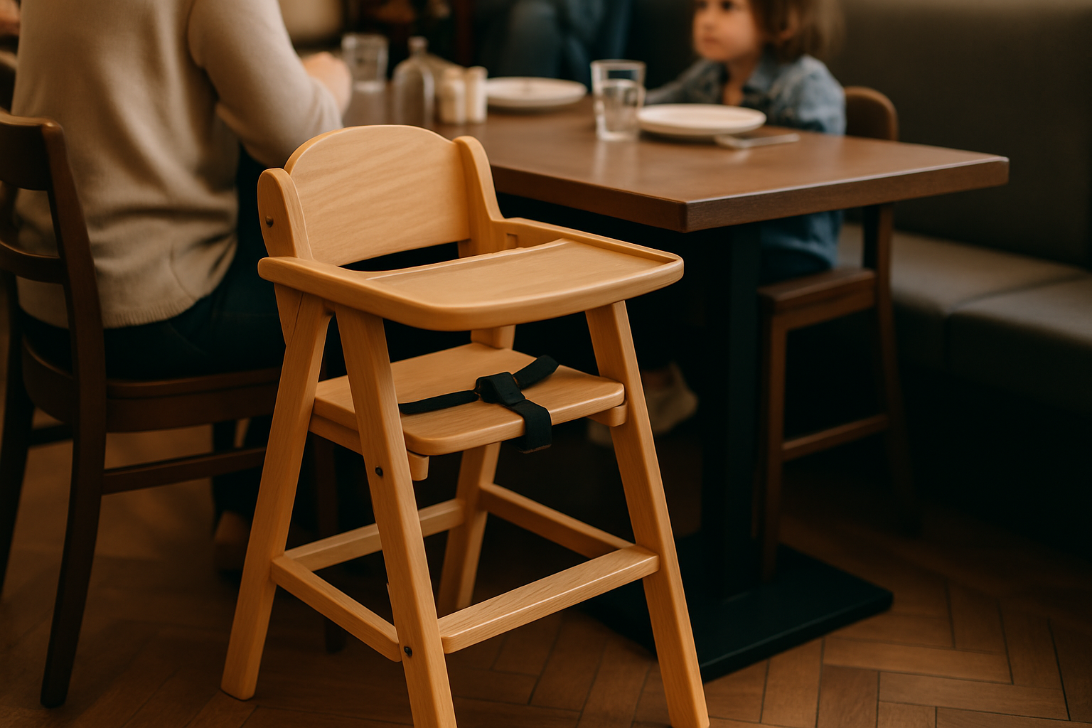 restaurant high chair near a family table