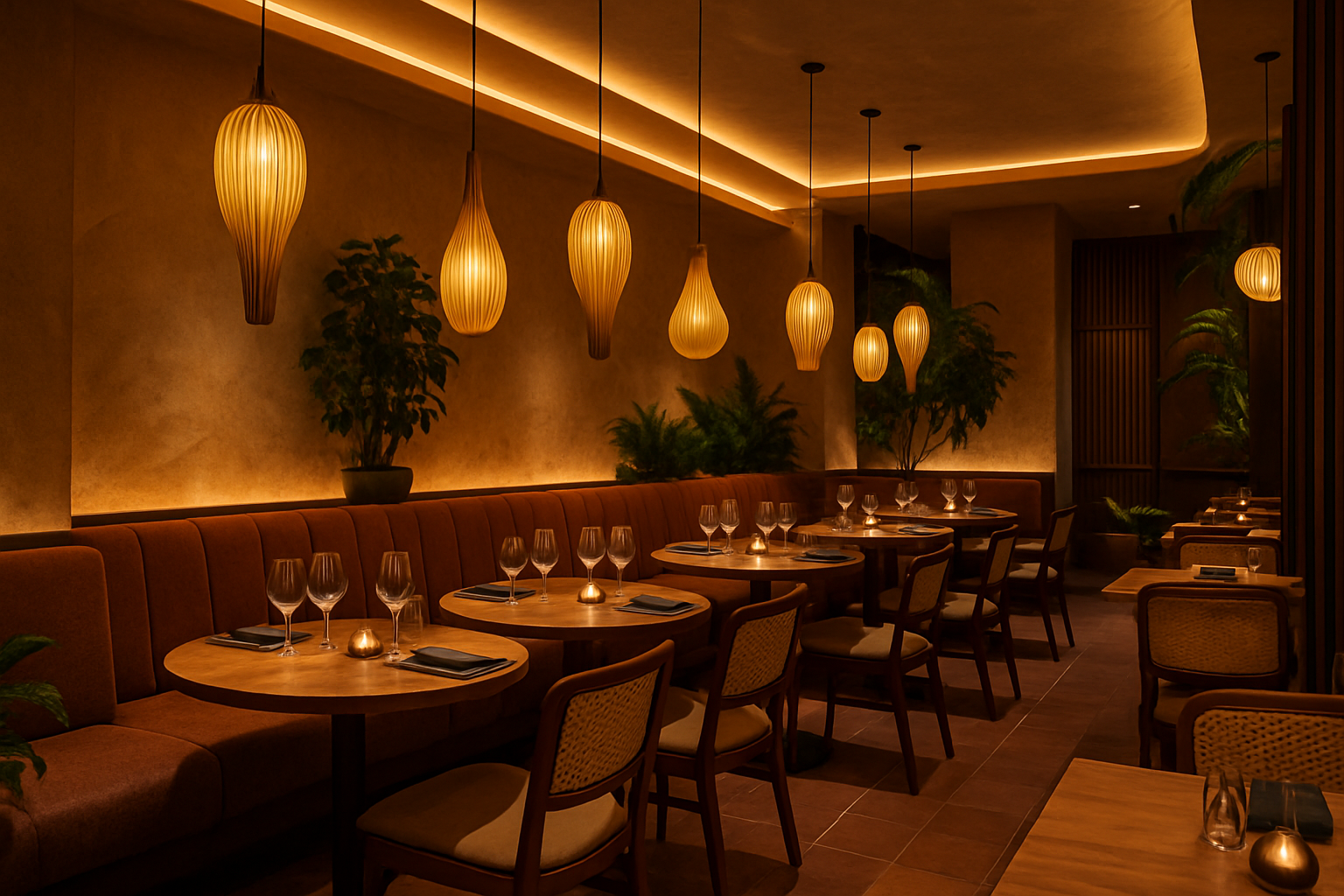 a beautifully designed restaurant interior showing integrated lighting, seating, and decor