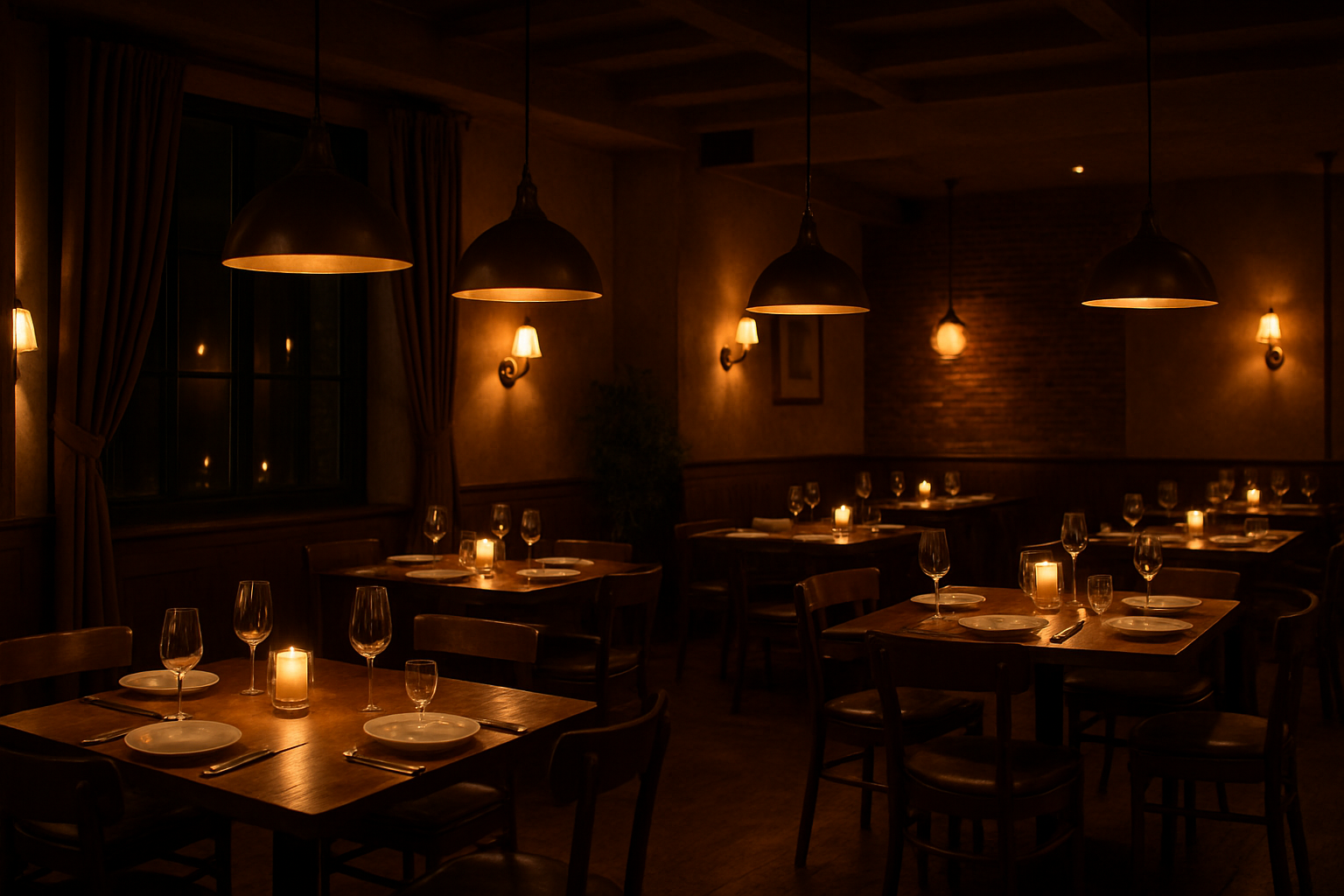 a restaurant interior at night with warm, layered lighting creating an intimate mood
