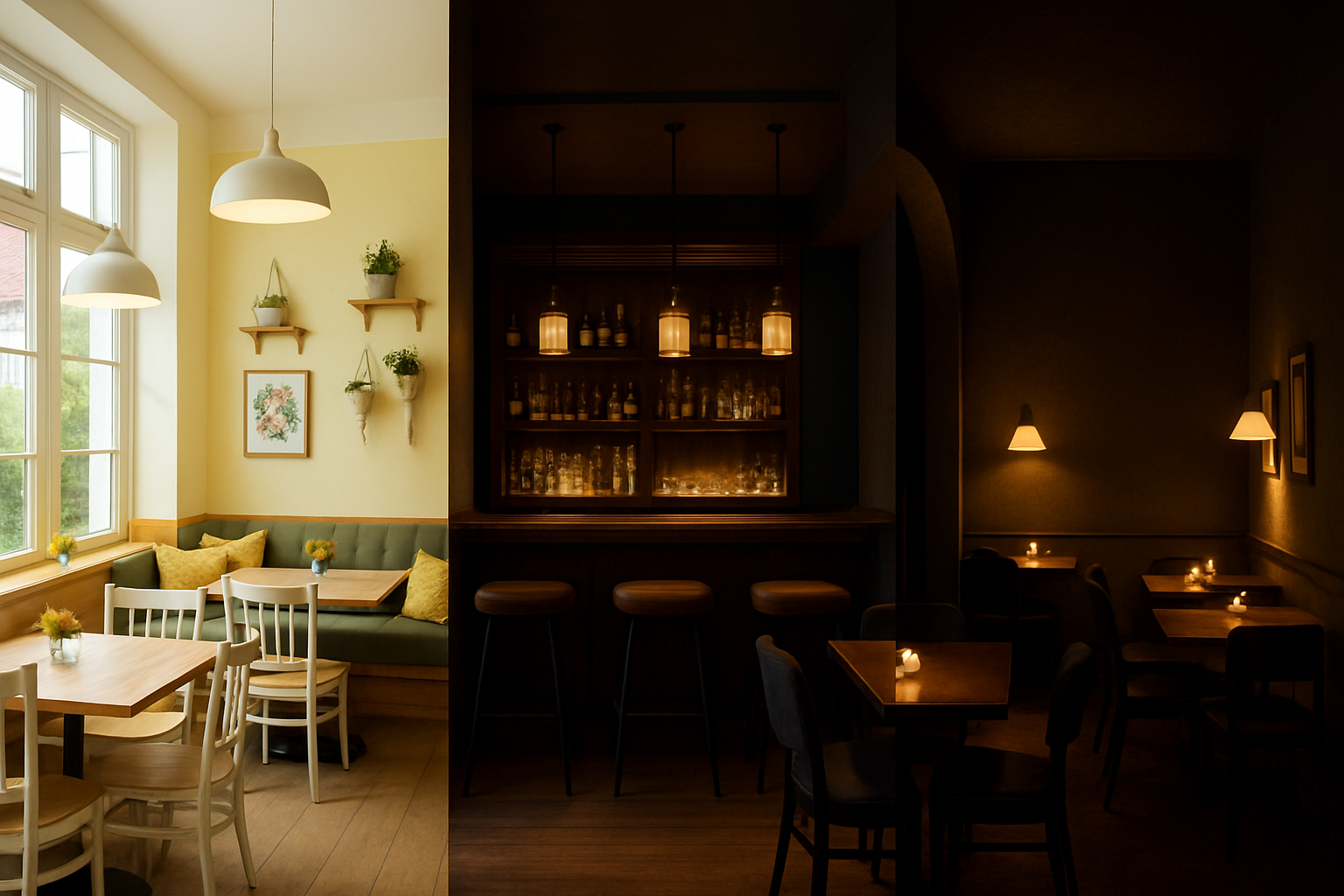 a restaurant interior showing different lighting zones: a bright family area, a moody bar, and an intimate dining section