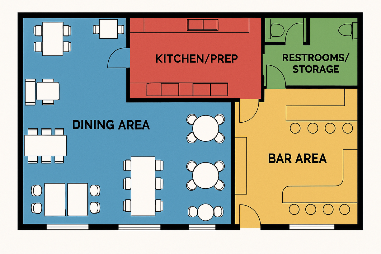restaurant plan with color-coded zones