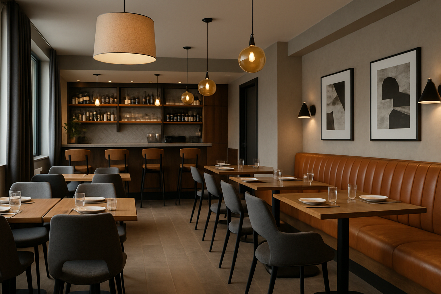 a mix of ergonomic chairs, booths, and bar stools in a restaurant dining area