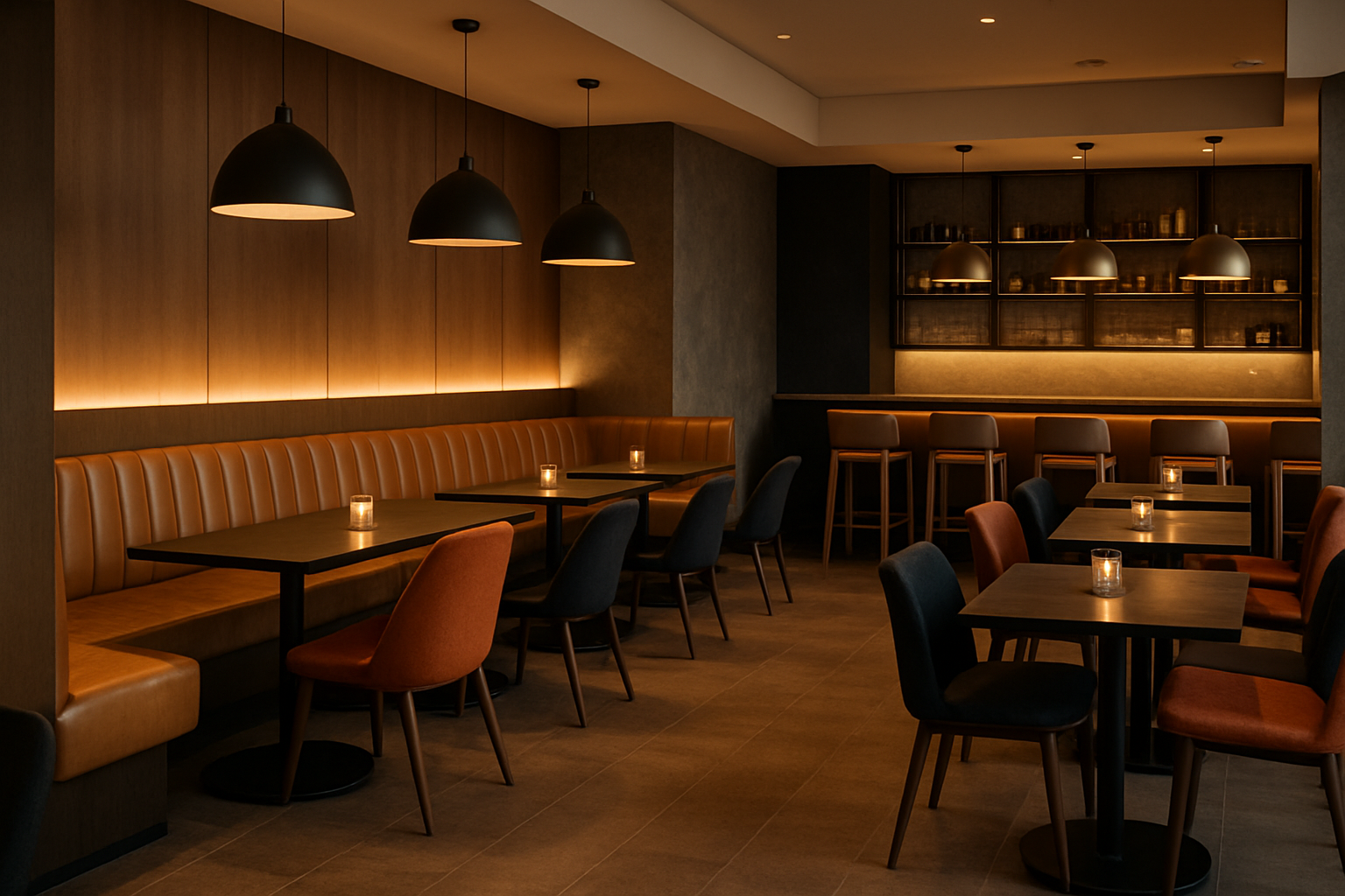 restaurant seating mix with booths, chairs, and bar stools