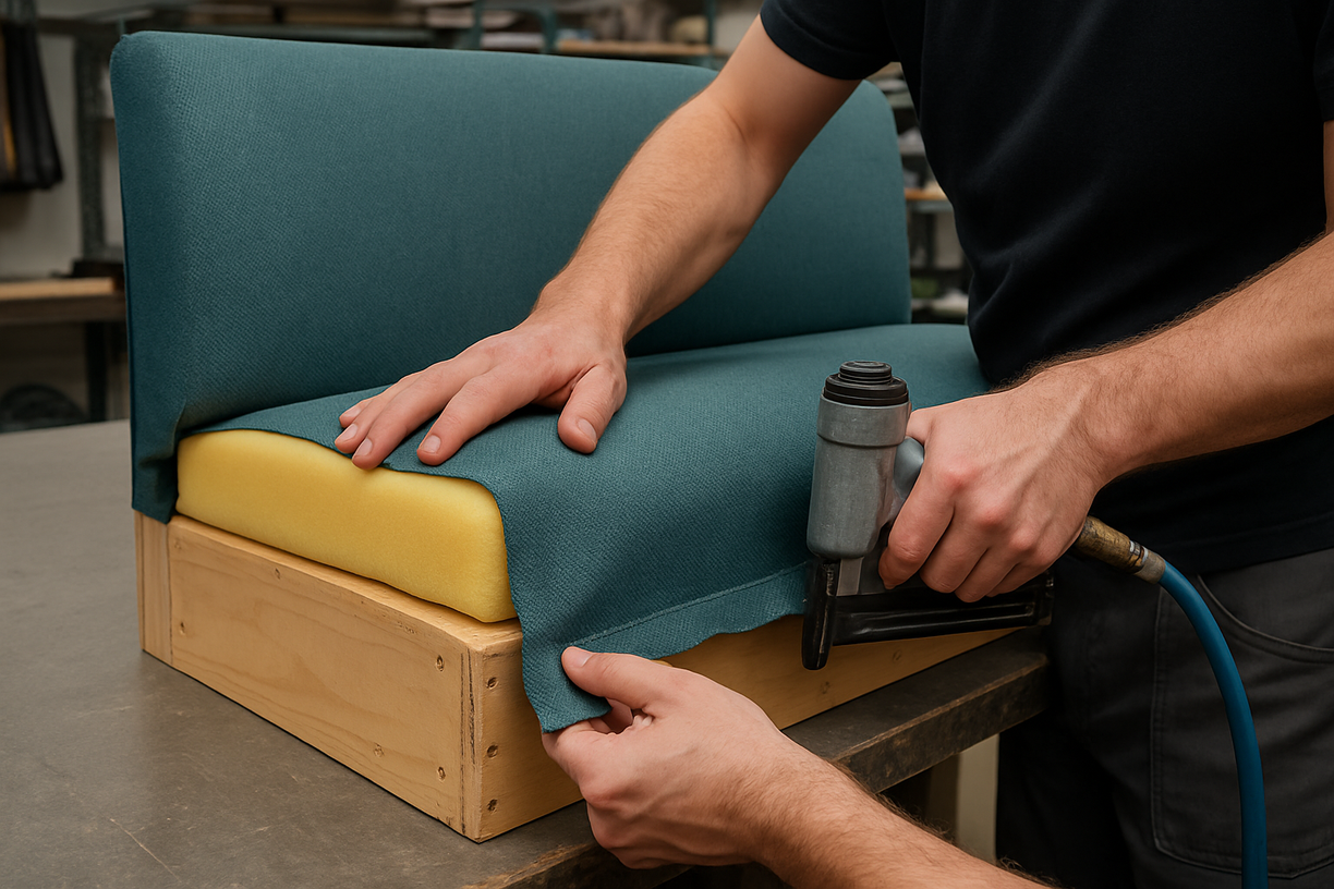 reupholstery in progress on booth seat