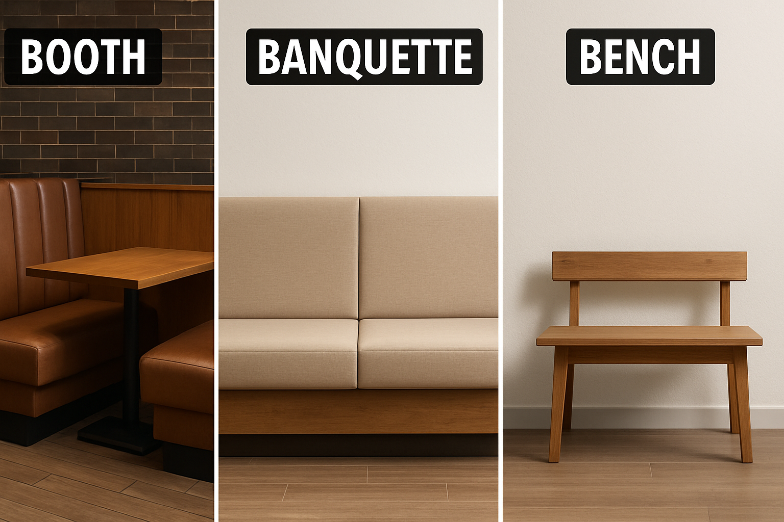 an image comparing a booth, a banquette, and a bench side-by-side