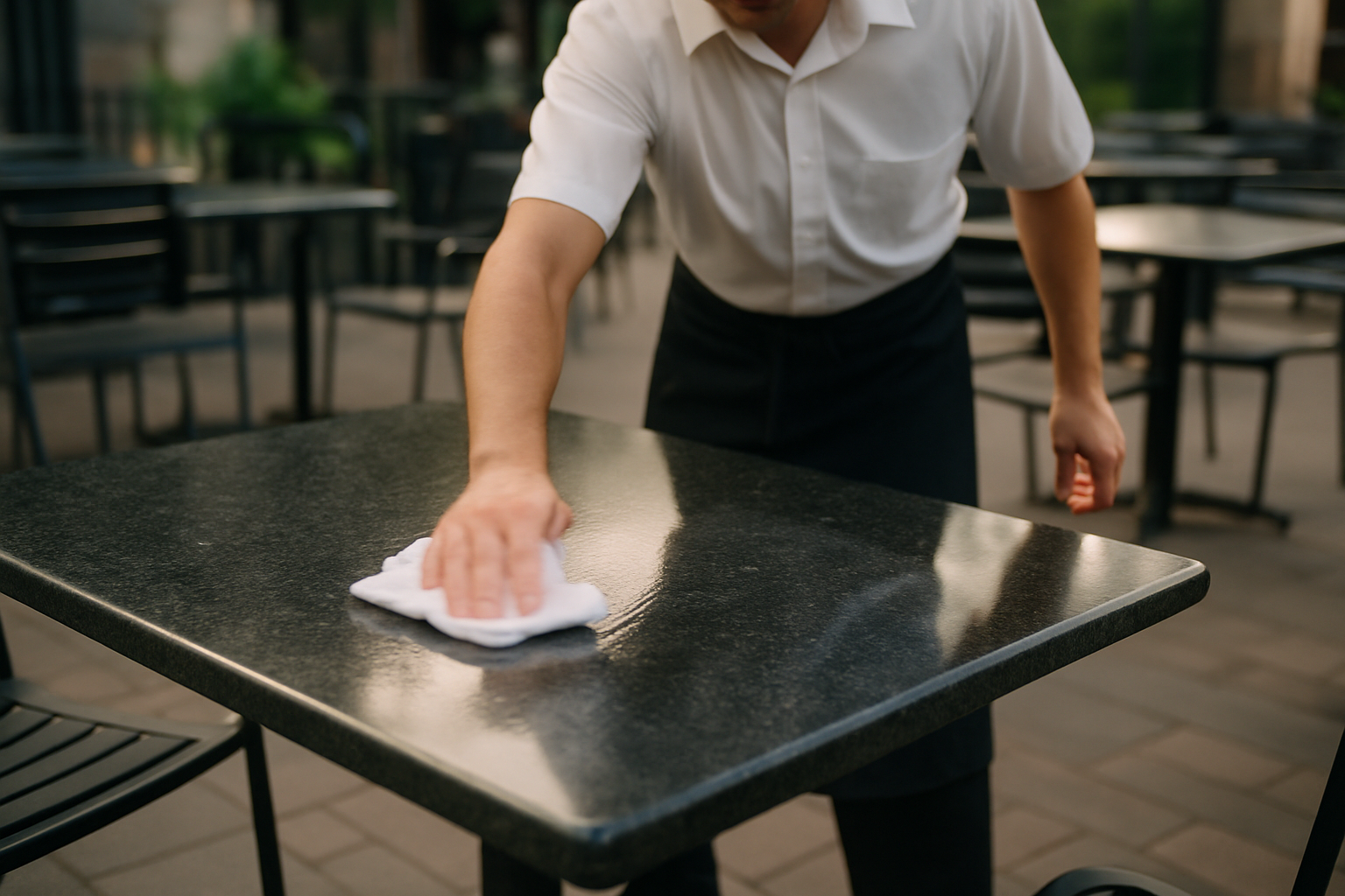 server wiping granite table between seatings