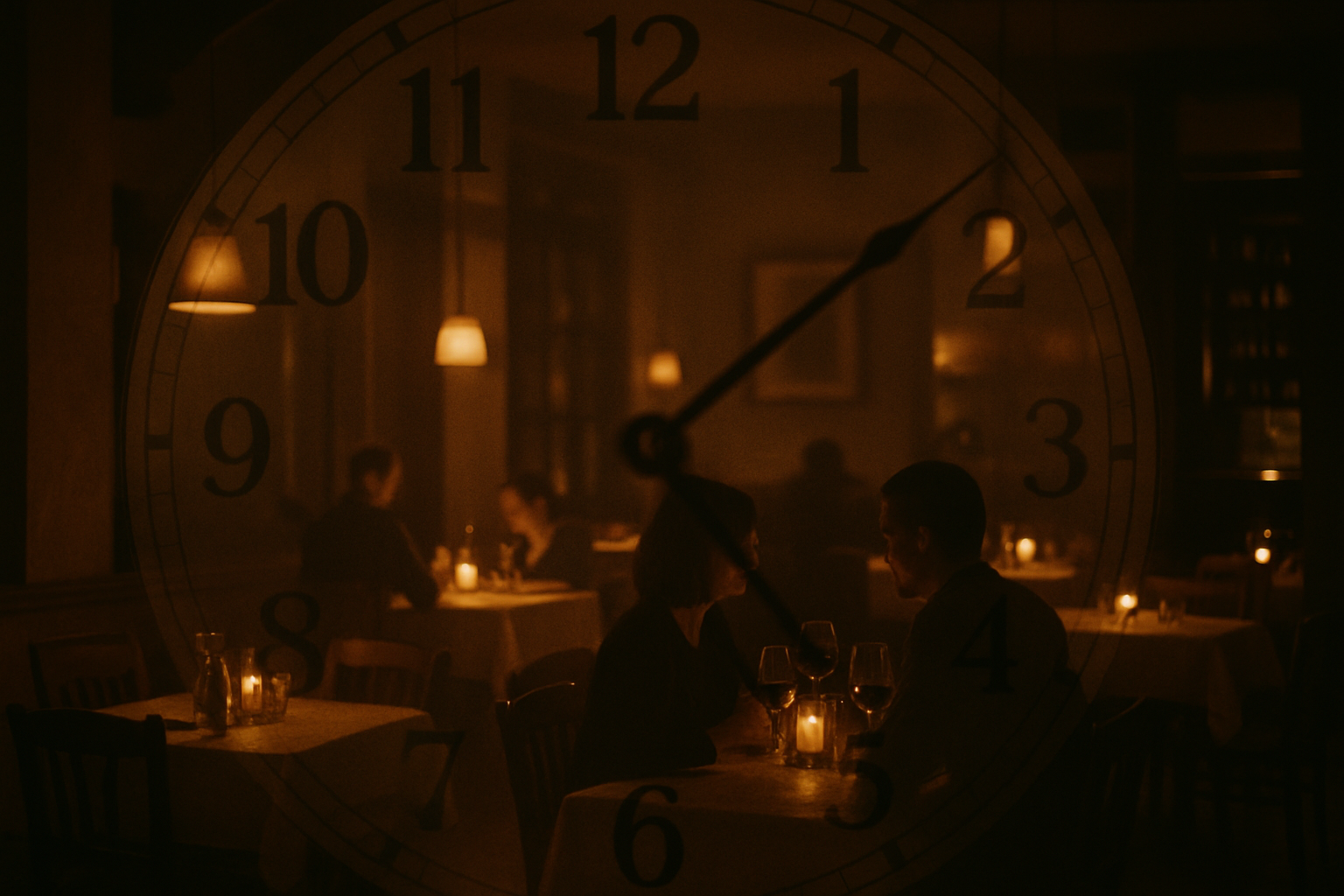 a clock face superimposed over a restaurant scene, with the hands moving slower in a dim setting