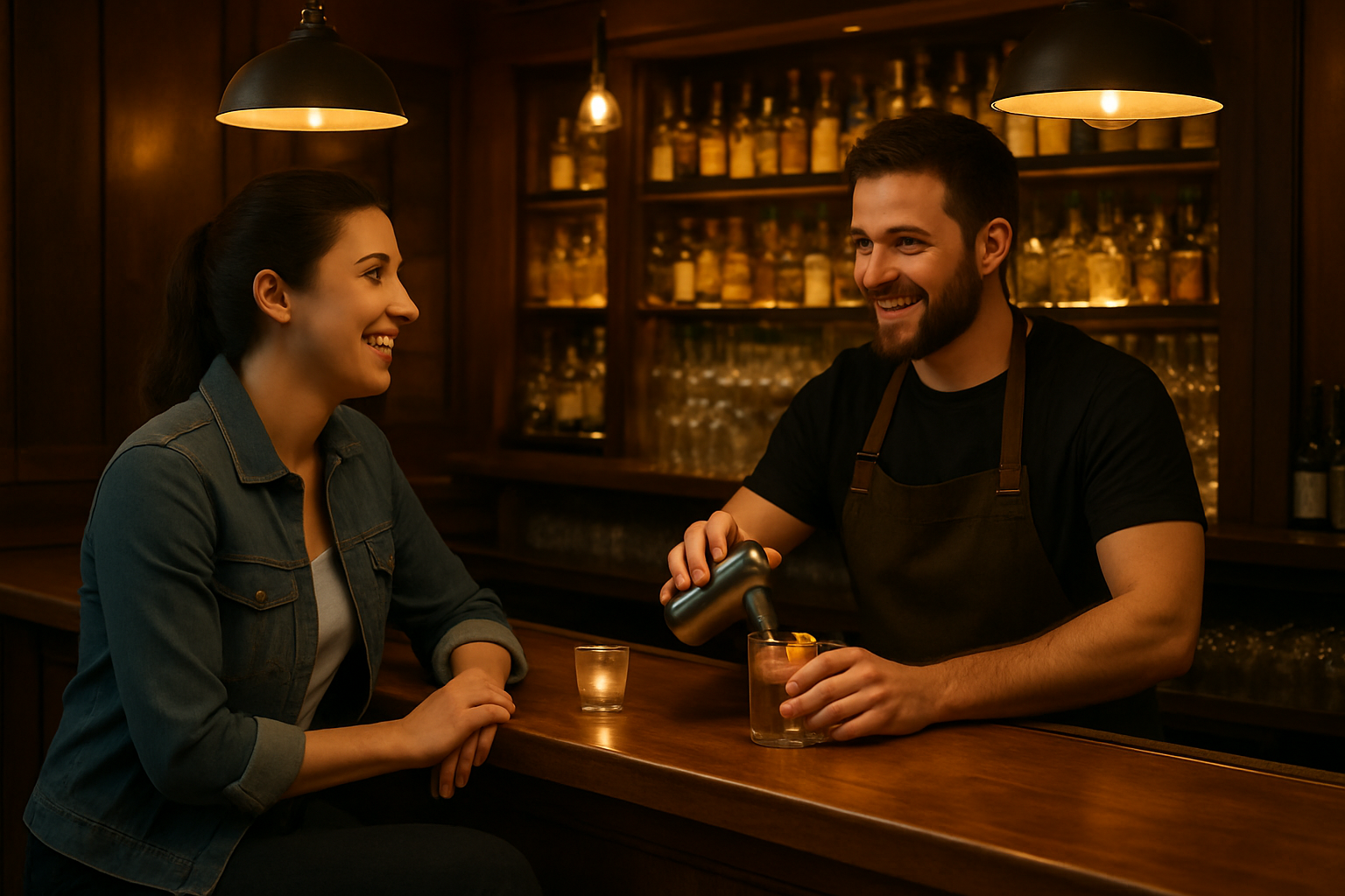 a smiling person sitting on a barstool, chatting casually with the bartender who is preparing a drink