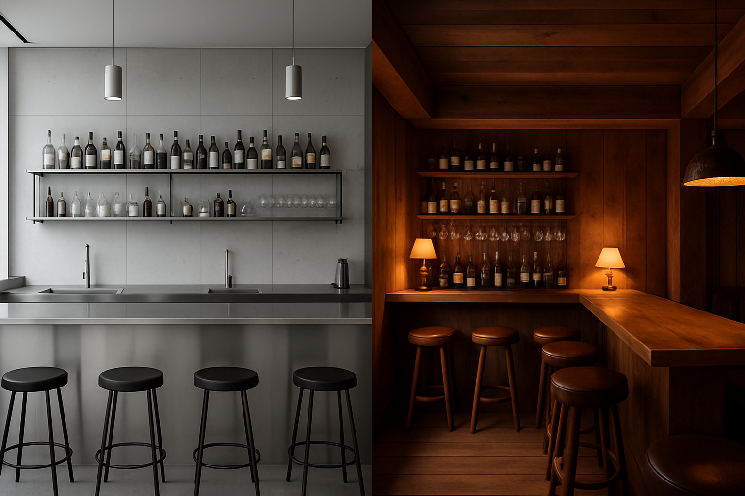 a split image showing a modern-art style bar with stainless steel and a cozy, wood-themed bar