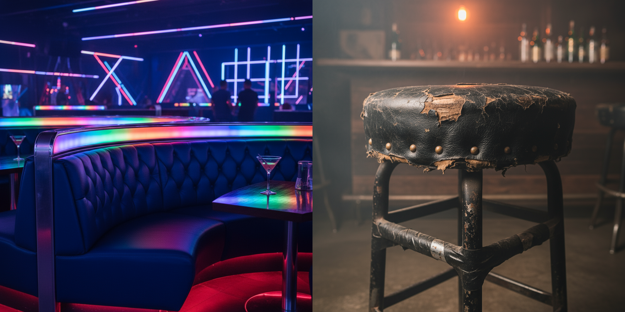 a split image showing a sleek, modern nightclub booth on one side and a rugged, worn-in dive bar stool on the other