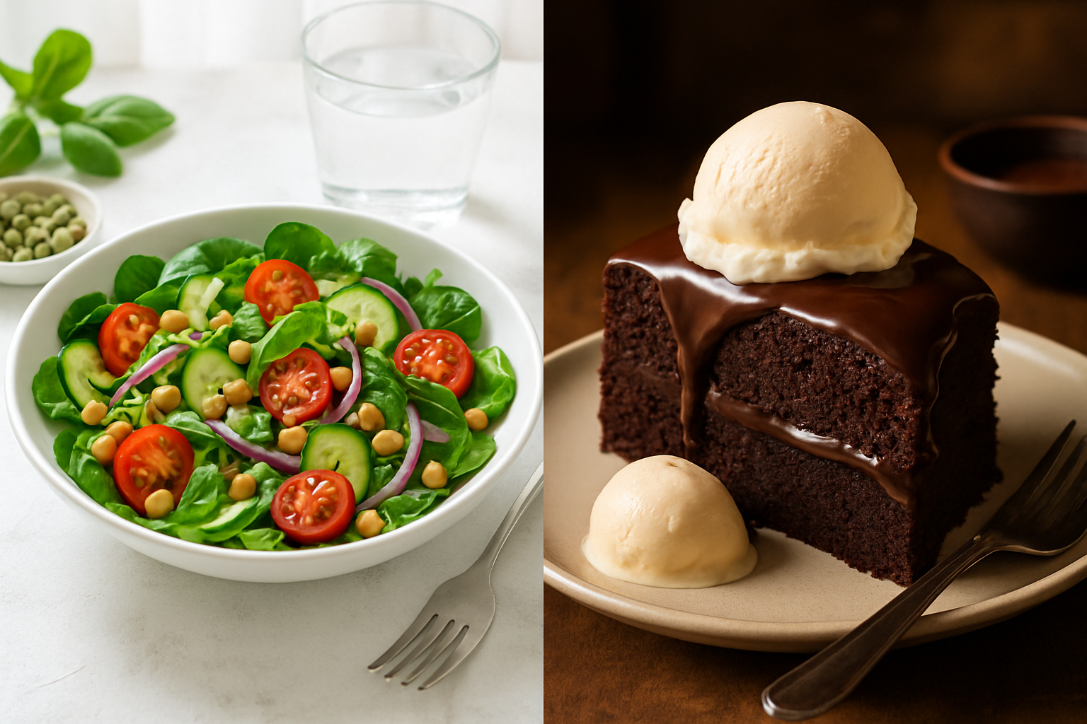 a split image showing a healthy salad in a bright setting and a rich chocolate cake in a dim setting