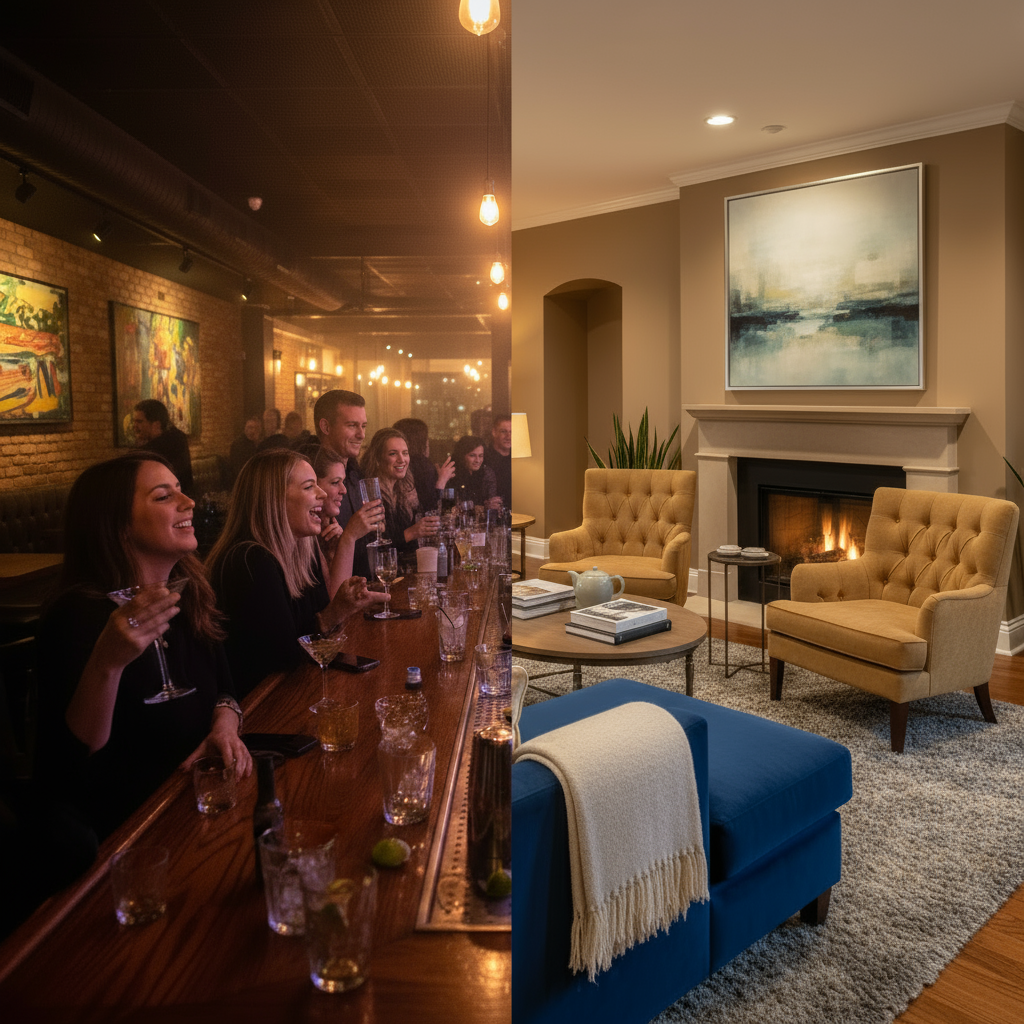 a split-screen image showing a lively bar on one side and a relaxed, comfortable lounge on the other
