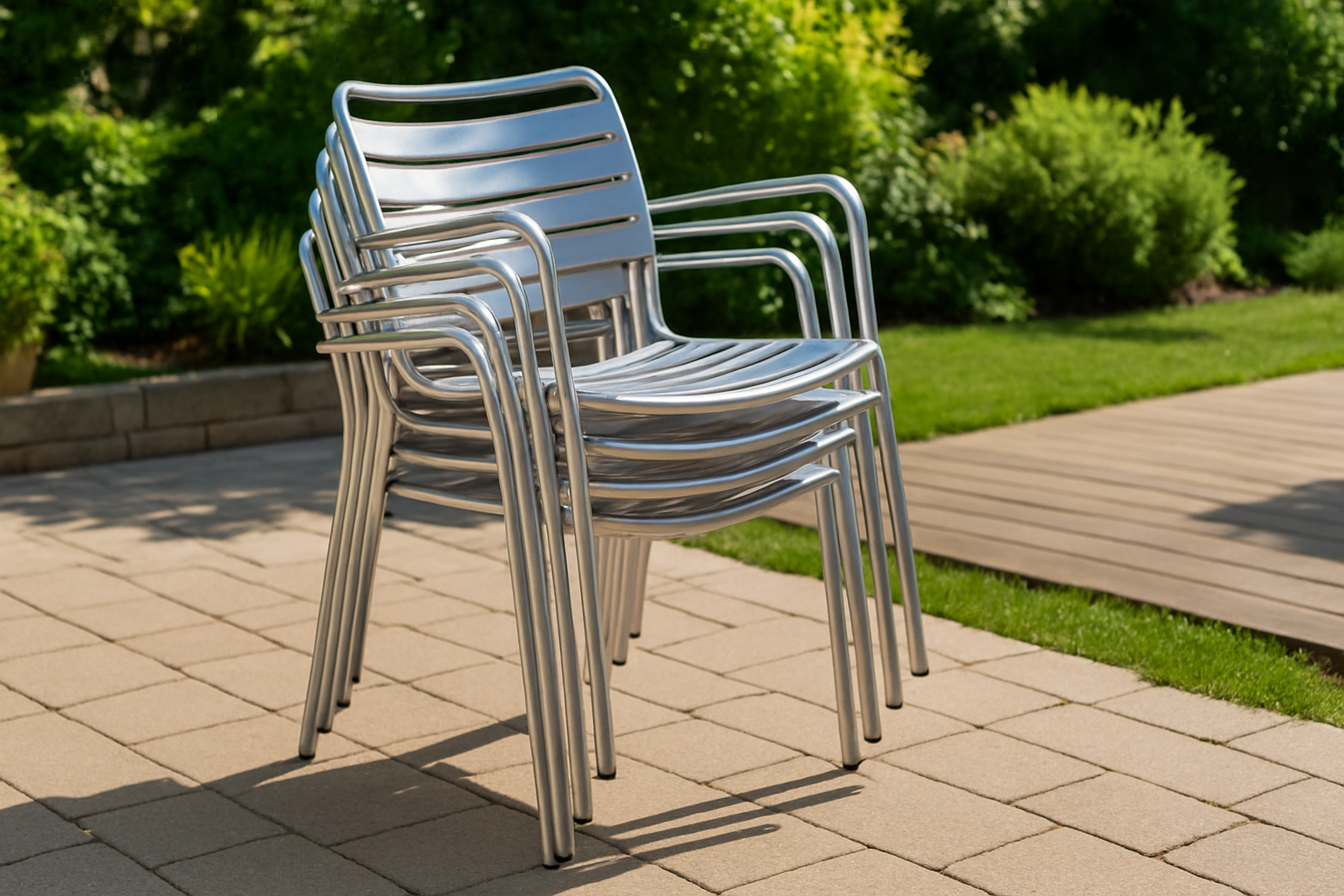 stacking aluminum chairs on a patio
