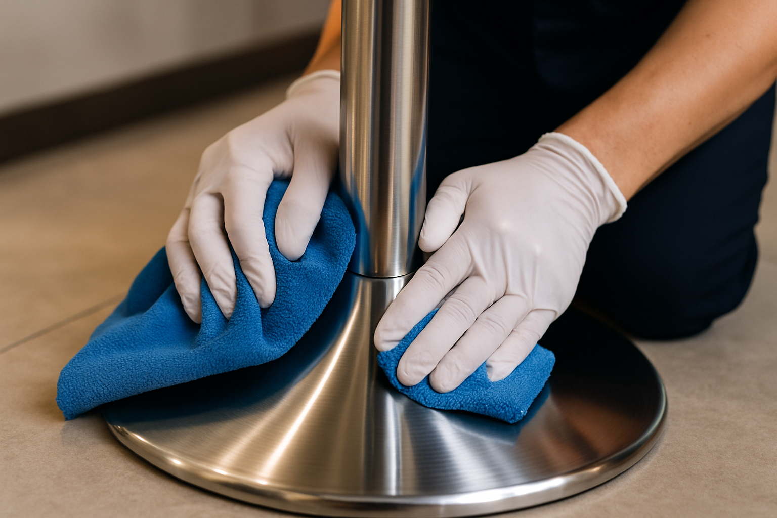 staff wiping a stainless steel pedestal base with microfiber