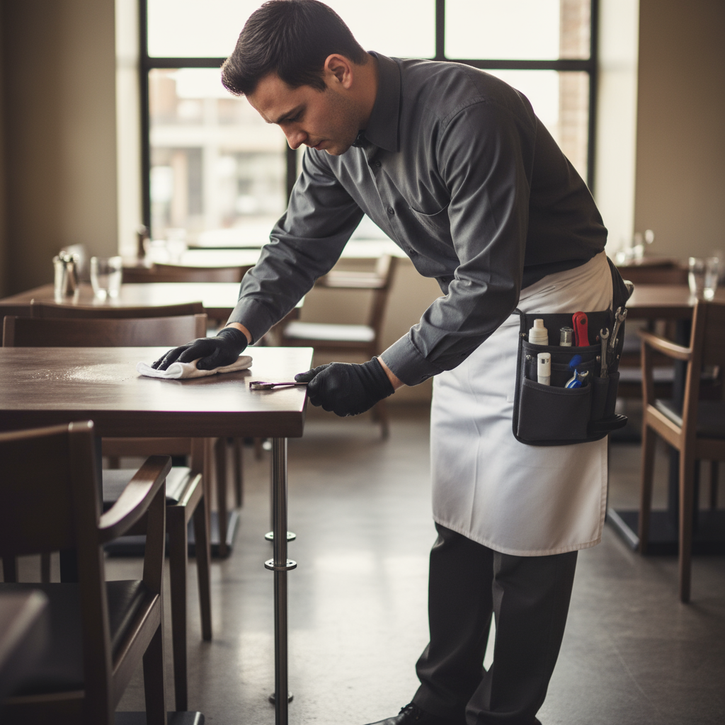staff wiping table and checking base screws