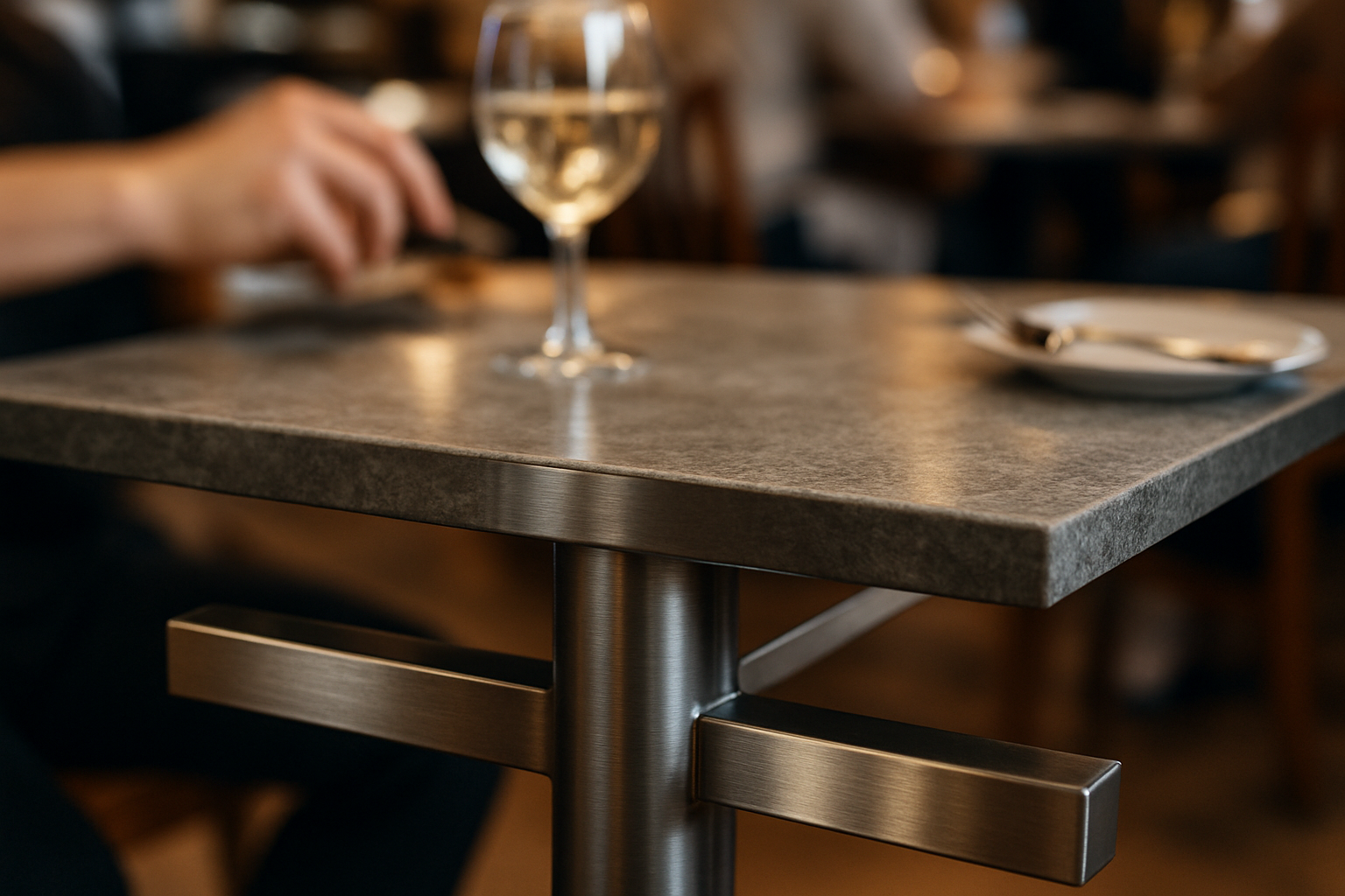 stainless base under a stone tabletop during service