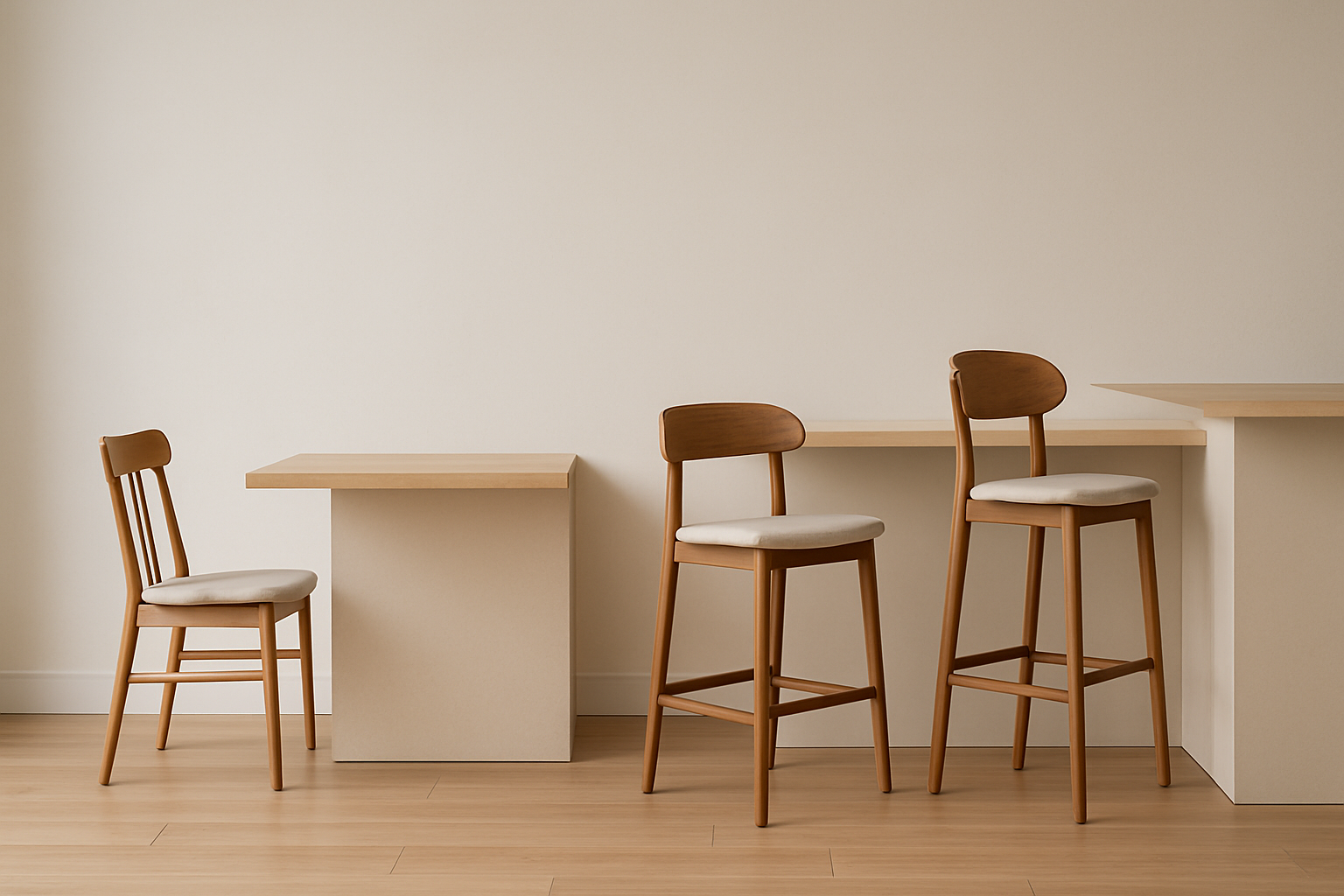 stools of different seat heights lined up to counters