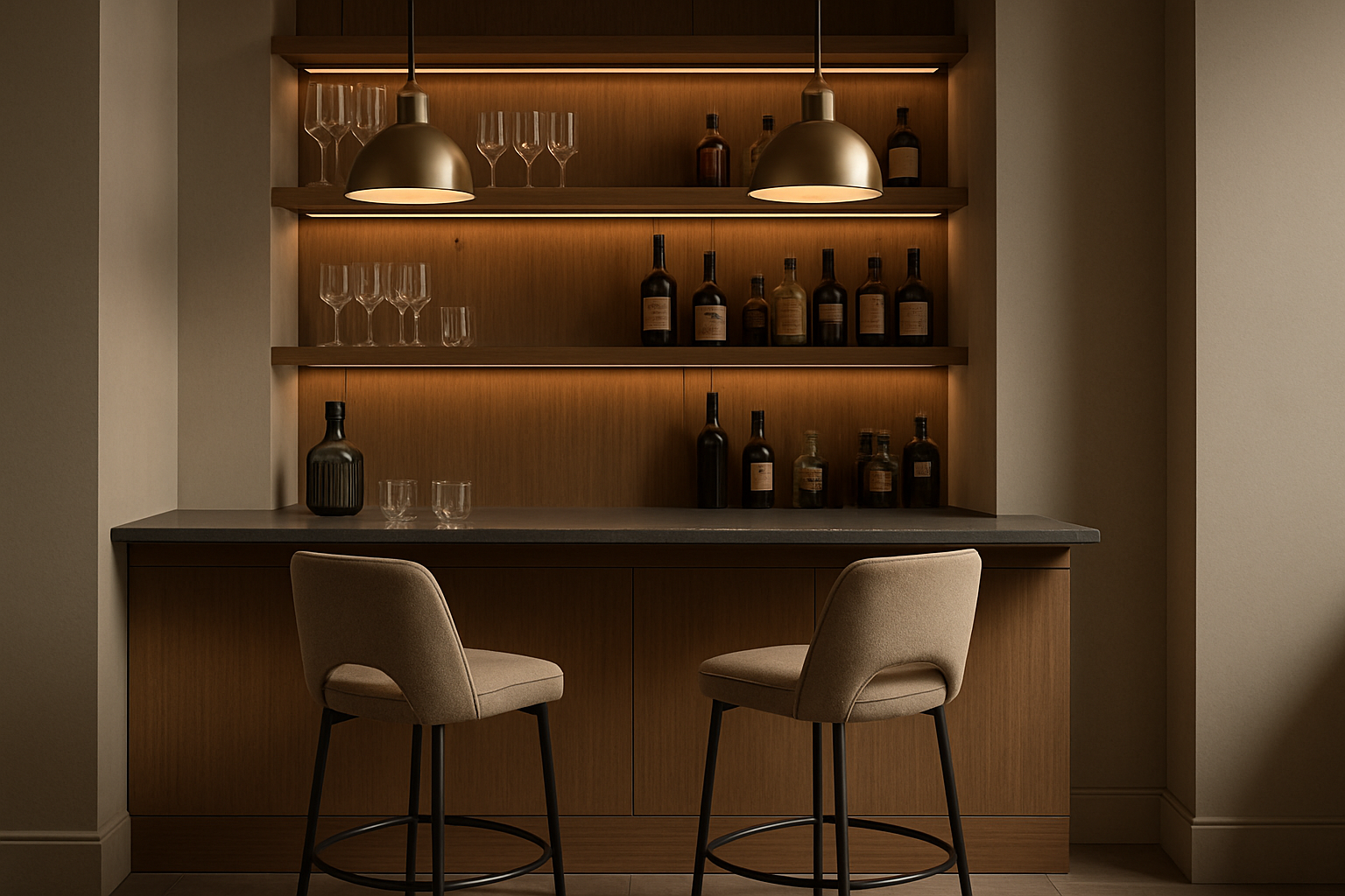 a stylish and compact home bar with two elegant bar stools and a sleek counter