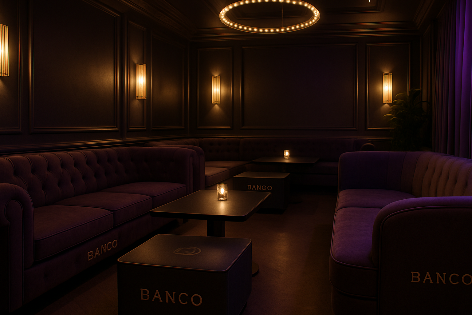a stylish party lounge with unique, custom-branded sofas and tables