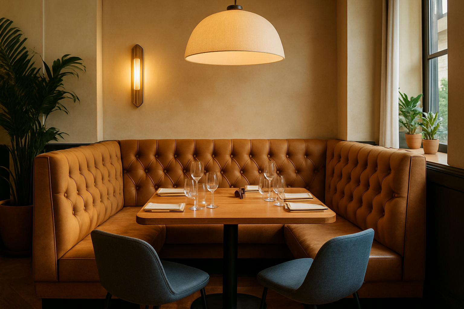 a stylish restaurant booth in a well-lit dining room