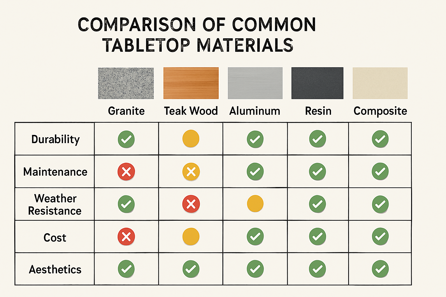 comparison grid of tabletop materials