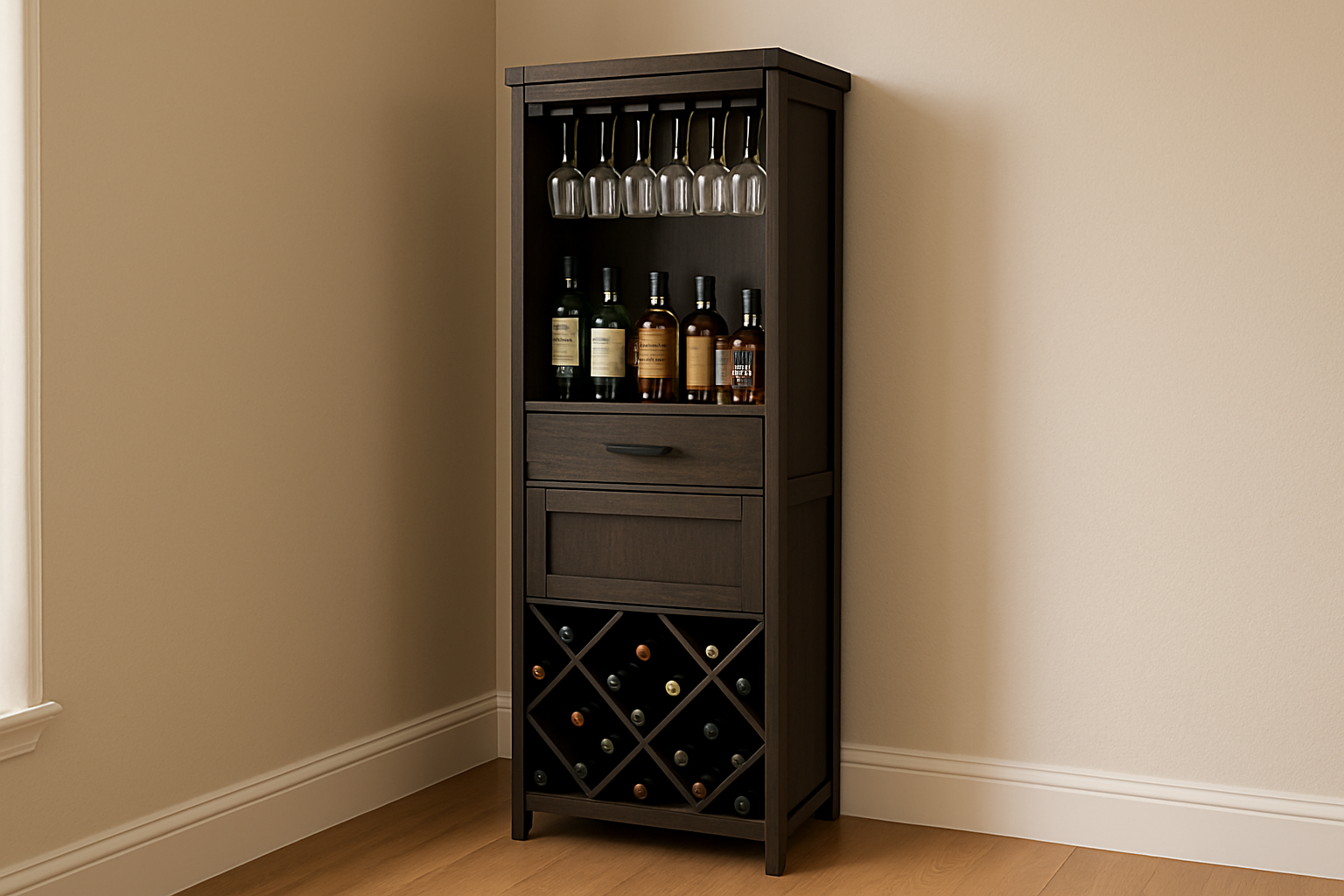 a tall, narrow bar cabinet with integrated wine racks and glassware storage, fitting perfectly in a small corner