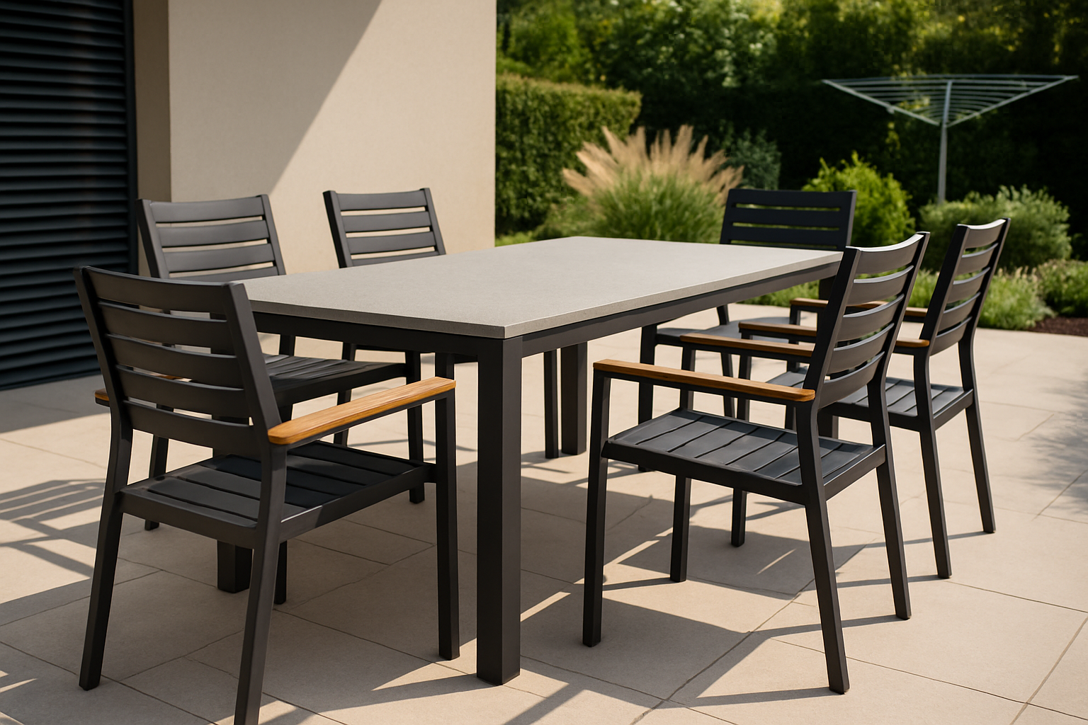 teak armrests on aluminum-framed chairs, composite tabletops